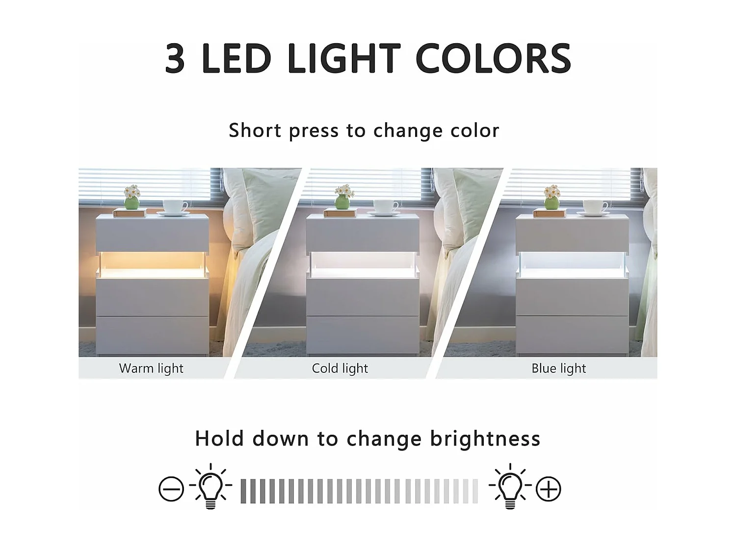 LED-Nachttische, Kommode mit 3 Schubladen für Schlafzimmer, Beistelltisch mit Acrylplatte, LED-Nachttische für Schlafzimmer, Wohnzimmer, Nachttischmöbel (weiß)