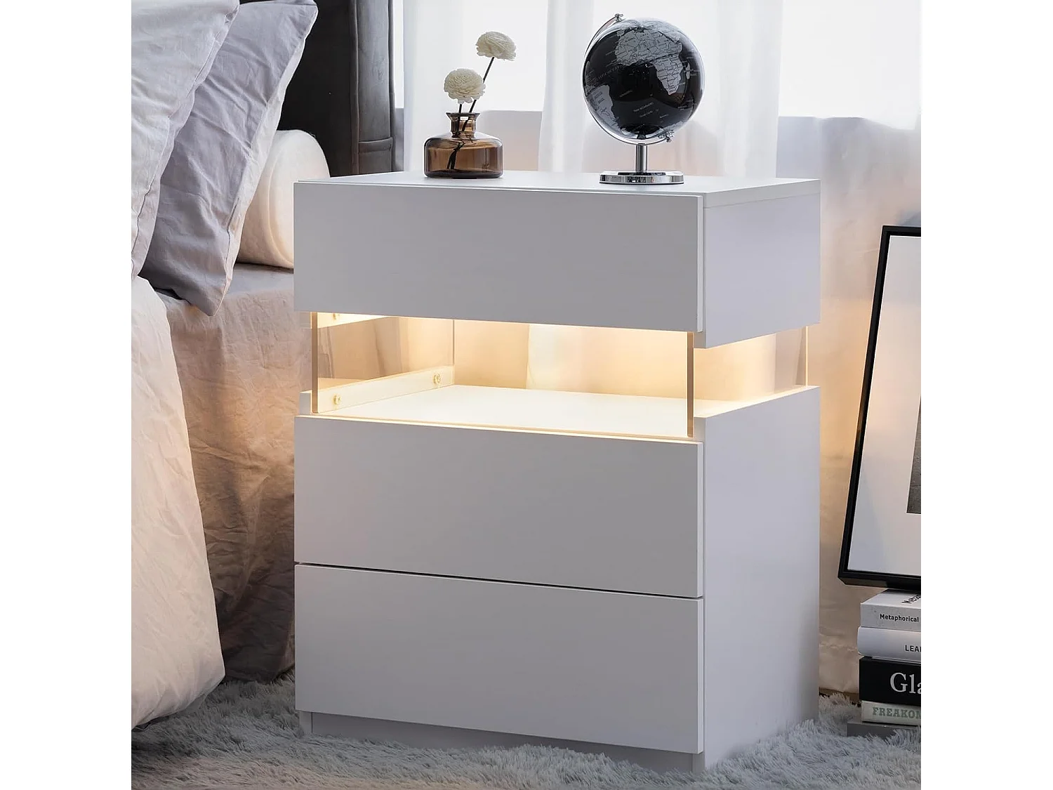 LED nachtkastjes, 3 ladekast voor slaapkamer, bijzettafel met acryl blad, LED nachtkastjes voor slaapkamer, woonkamer, nachtkastje meubels (wit)
