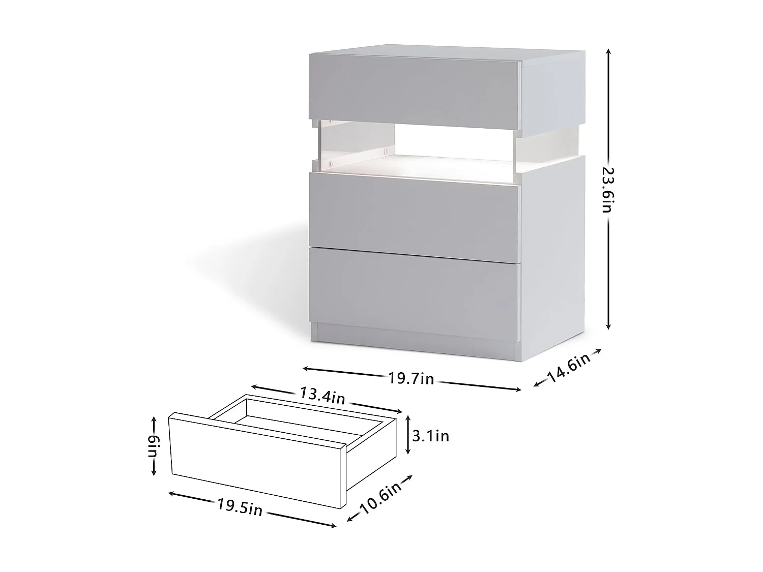 LED nachtkastjes, 3 ladekast voor slaapkamer, bijzettafel met acryl blad, LED nachtkastjes voor slaapkamer, woonkamer, nachtkastje meubels (wit)