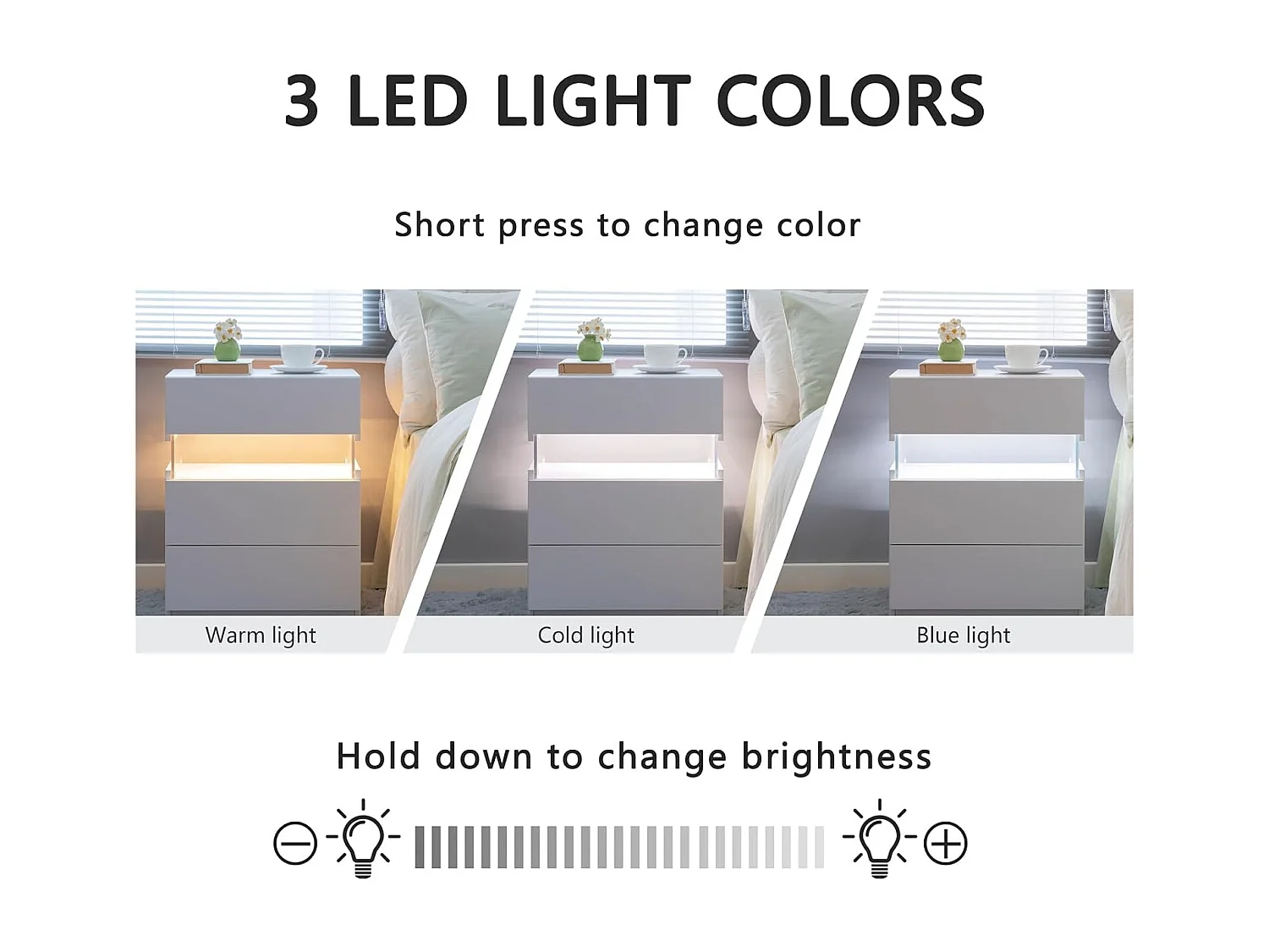 LED nachtkastjes, 3 ladekast voor slaapkamer, bijzettafel met acryl blad, LED nachtkastjes voor slaapkamer, woonkamer, nachtkastje meubels (wit)