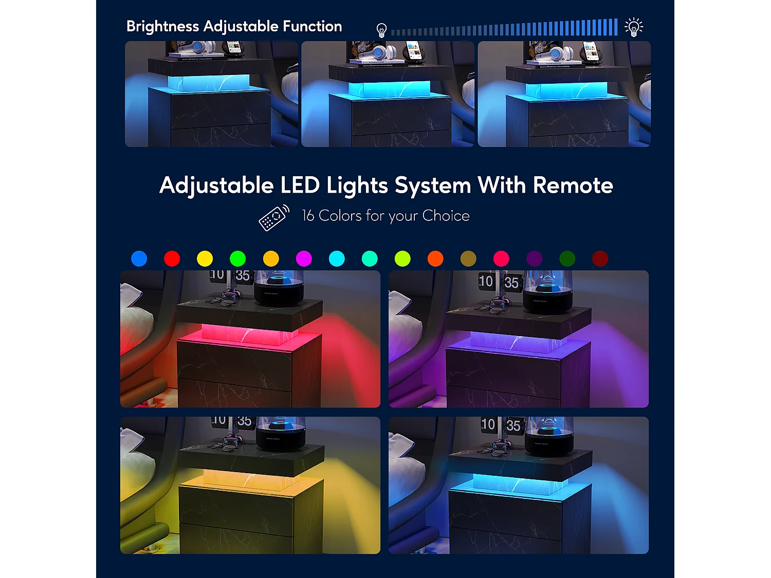 Table de chevet à LED avec éclairage d'appoint moderne et 2 tiroirs pour chambre à coucher (noir et doré)