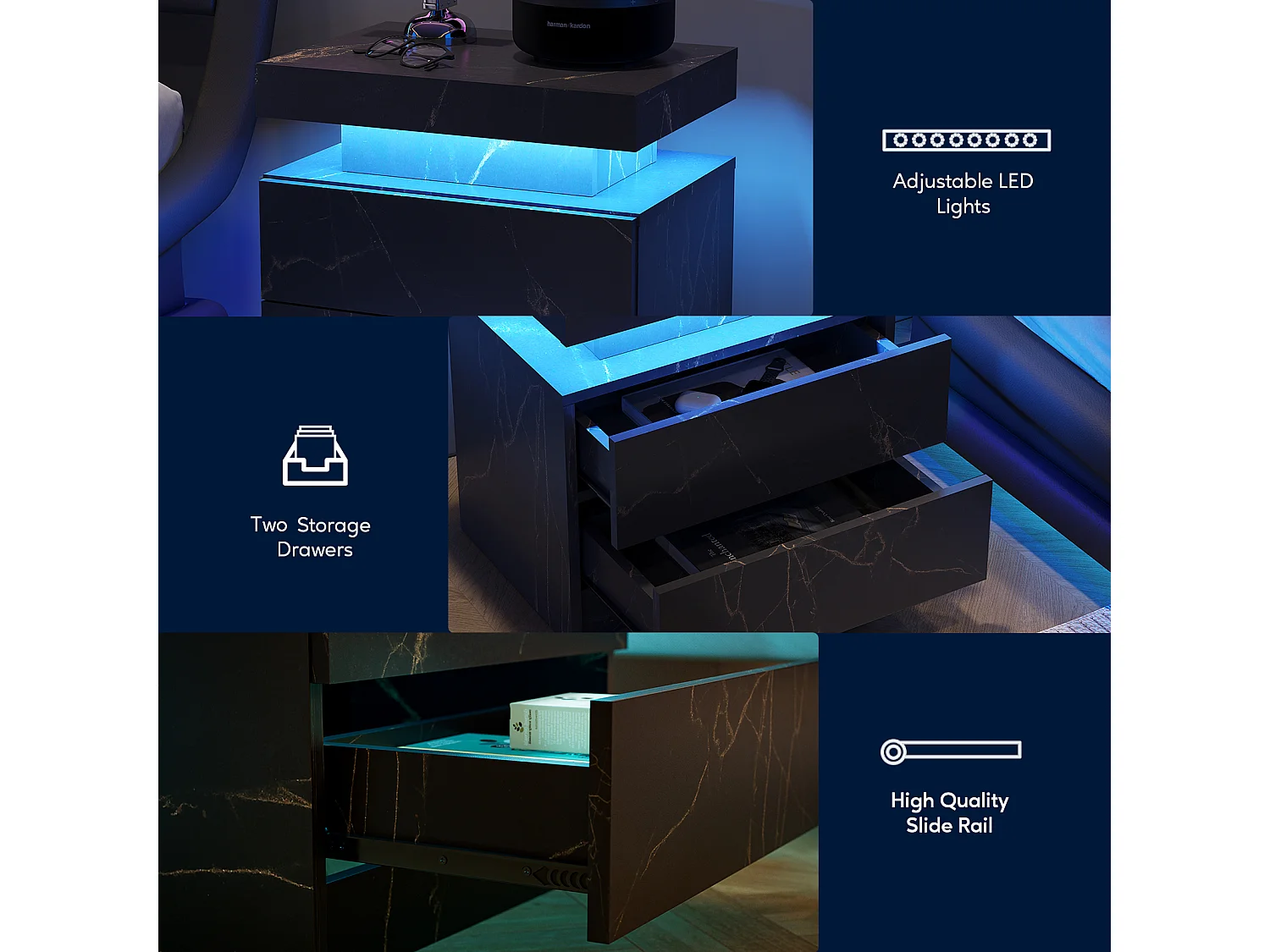 Nachttisch, LED-Nachttisch, Schrankbeleuchtung, modernes Endstück mit 2 Schubladen für Schlafzimmer (Schwarzgold)