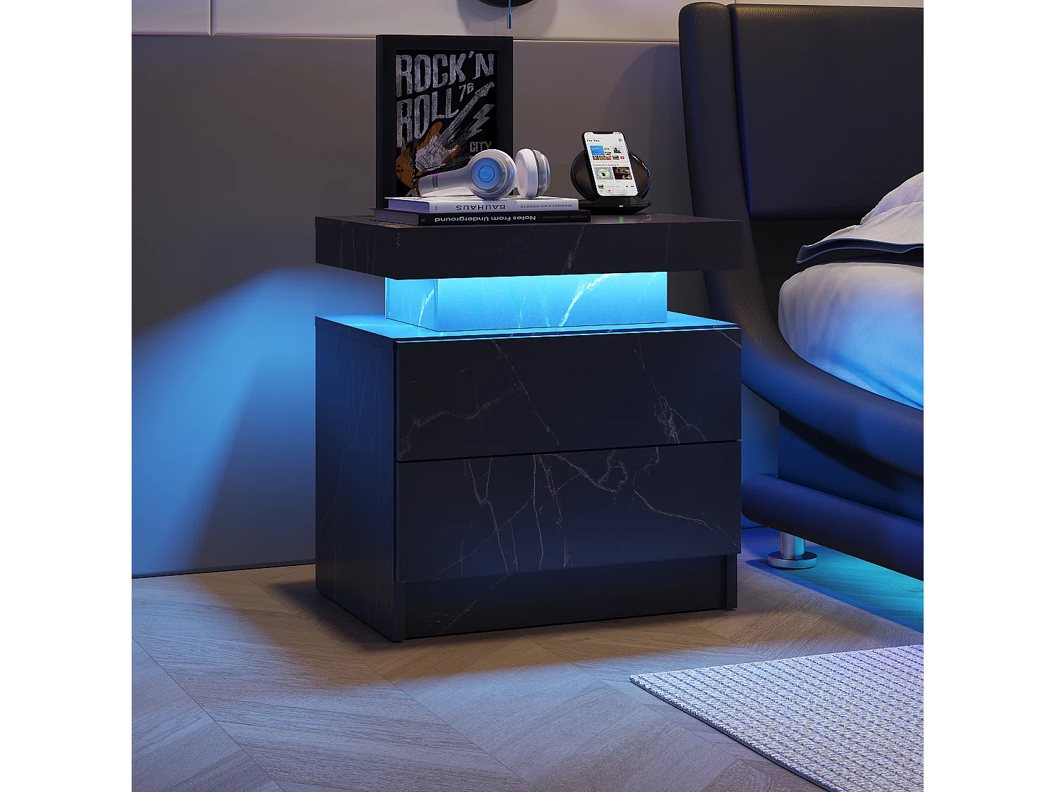 Mesa de cabeceira, mesa de cabeceira LED, iluminação de armário, mesa de apoio moderna com 2 gavetas para quarto (preto dourado)