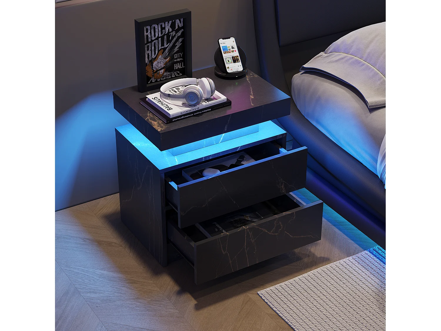 Mesa de cabeceira, mesa de cabeceira LED, iluminação de armário, mesa de apoio moderna com 2 gavetas para quarto (preto dourado)
