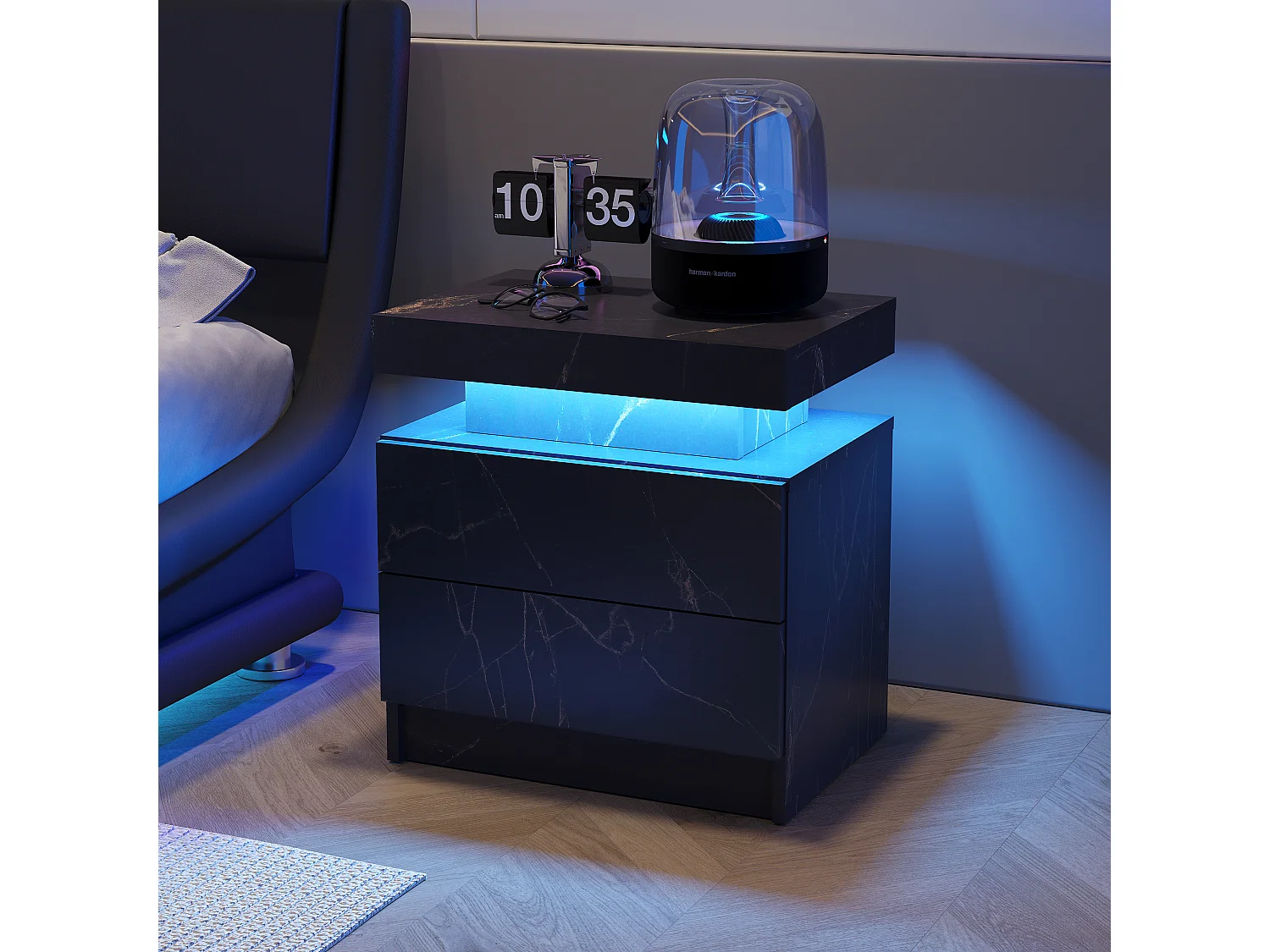 Mesa de cabeceira, mesa de cabeceira LED, iluminação de armário, mesa de apoio moderna com 2 gavetas para quarto (preto dourado)