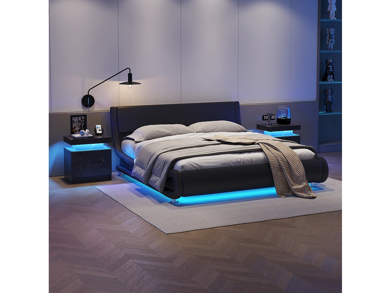 Mesa de cabeceira, mesa de cabeceira LED, iluminação de armário, mesa de apoio moderna com 2 gavetas para quarto (preto dourado)