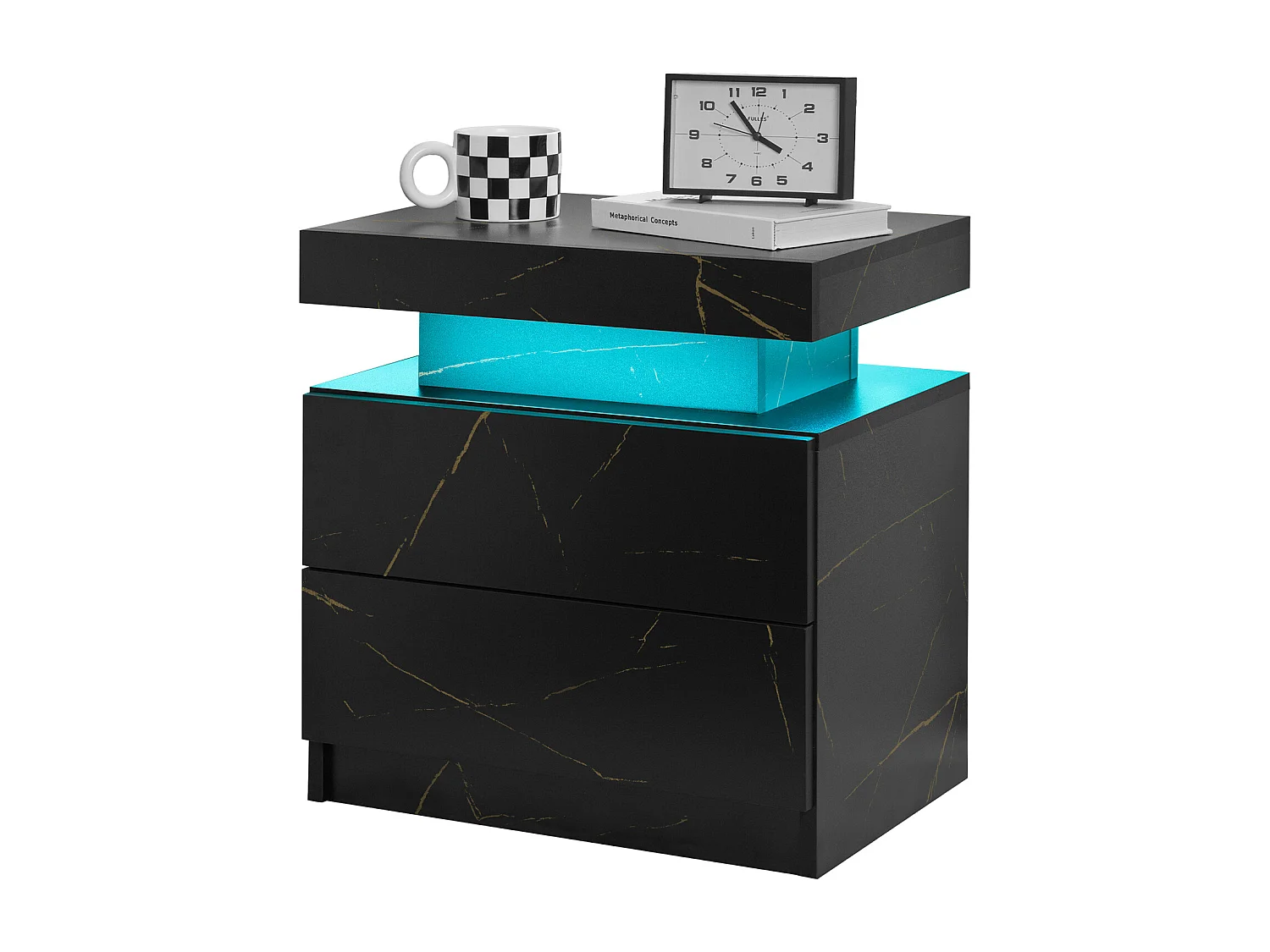 Mesa de cabeceira, mesa de cabeceira LED, iluminação de armário, mesa de apoio moderna com 2 gavetas para quarto (preto dourado)