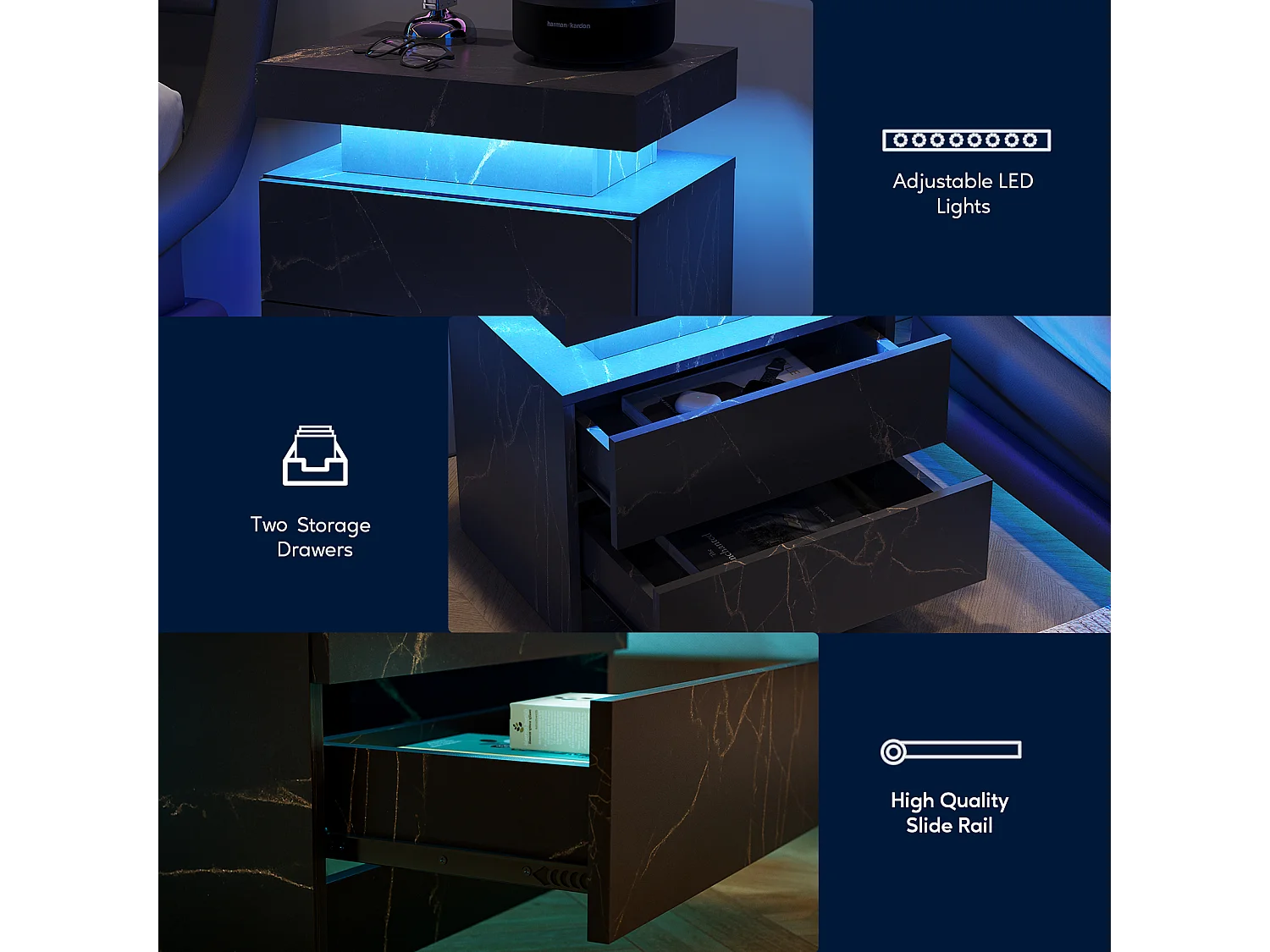 Table de chevet à LED avec éclairage d'appoint moderne et 2 tiroirs pour chambre à coucher (noir et doré)