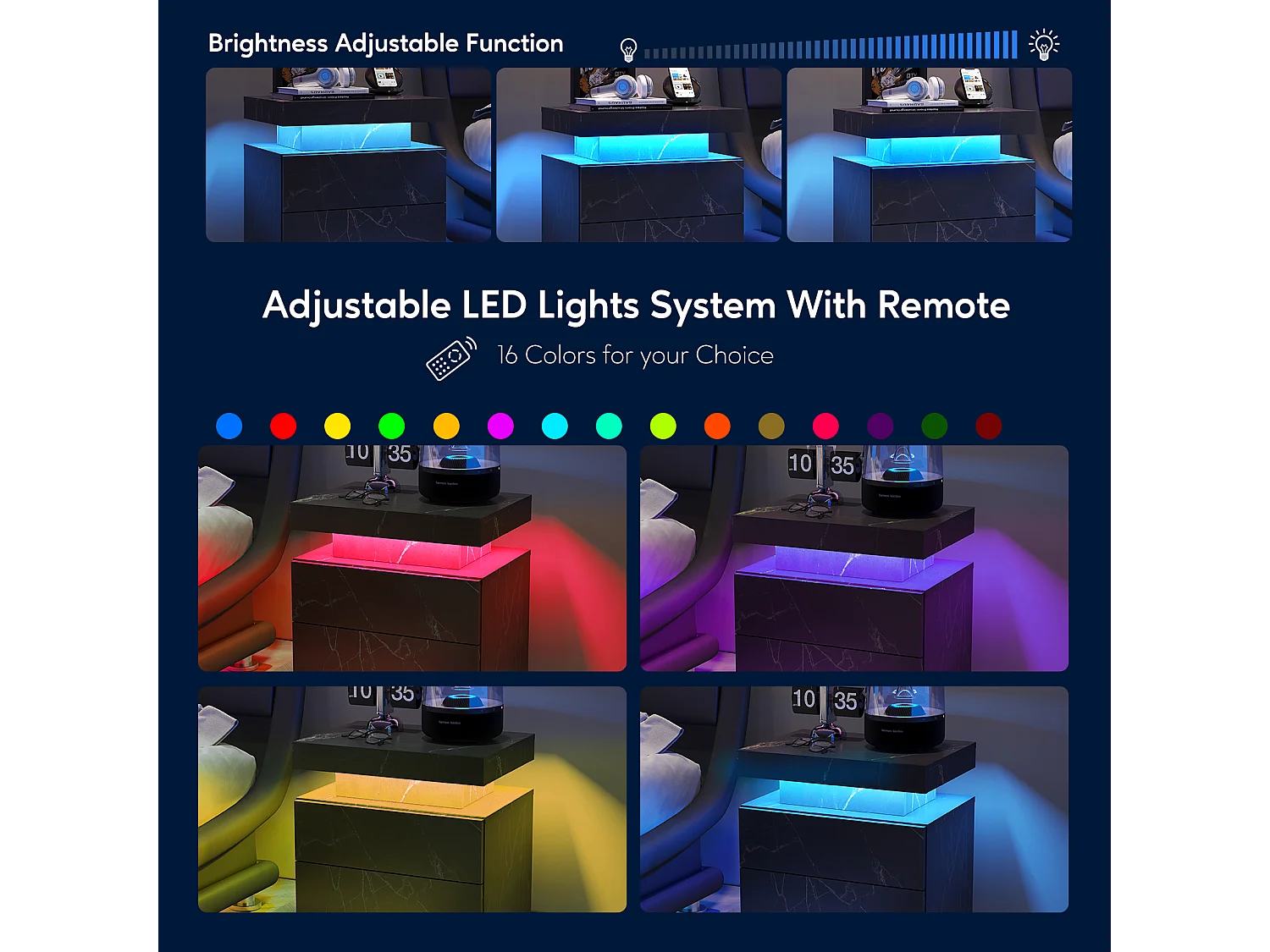 Table de chevet à LED avec éclairage d'appoint moderne et 2 tiroirs pour chambre à coucher (noir et doré)