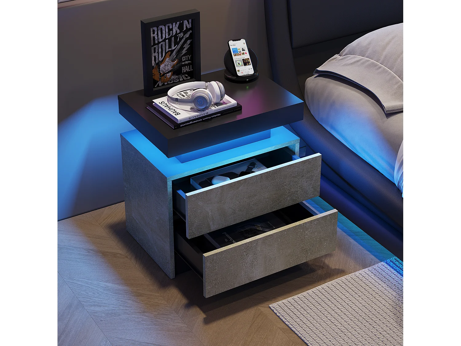 Comodino, comodino a LED, illuminazione per mobile, tavolino moderno con 2 cassetti per camera da letto (grigio)