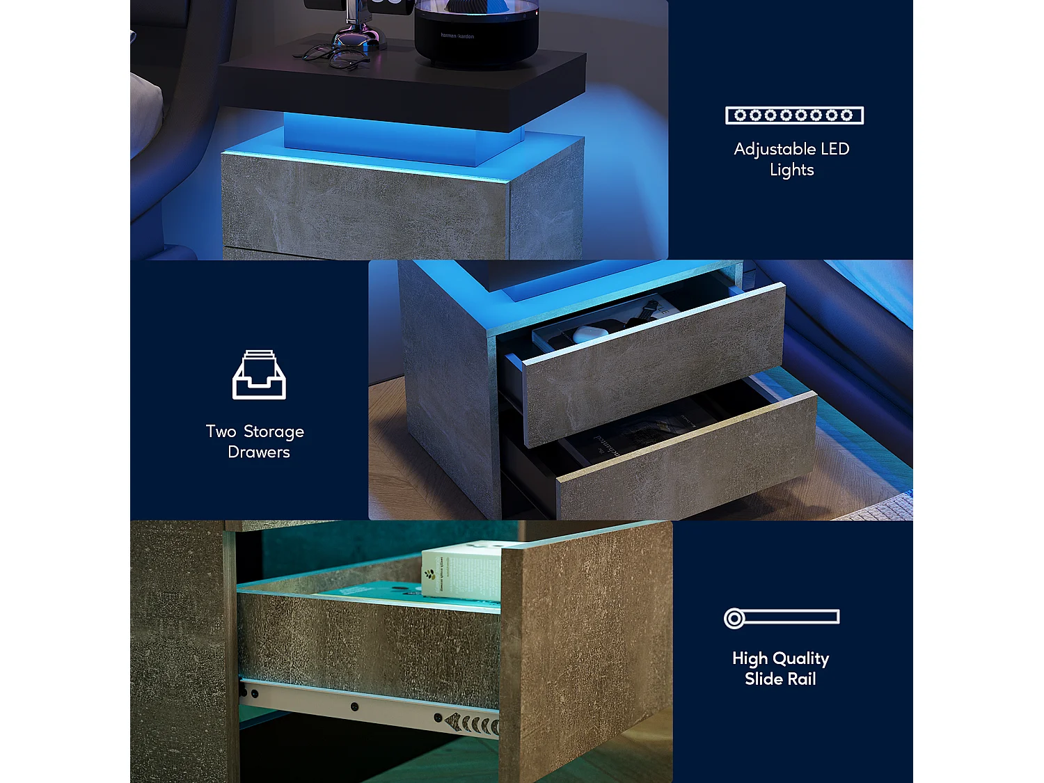 Comodino, comodino a LED, illuminazione per mobile, tavolino moderno con 2 cassetti per camera da letto (grigio)