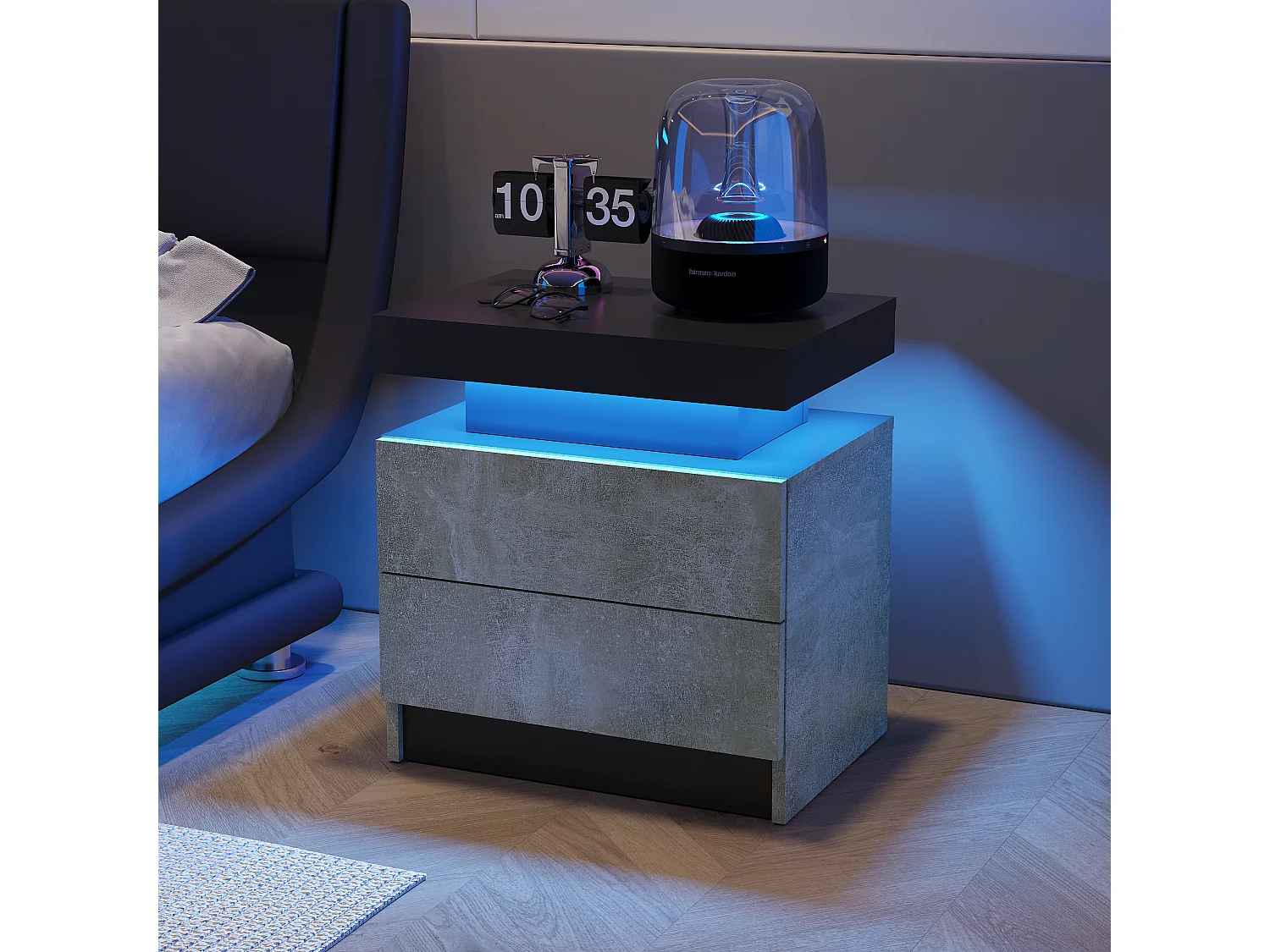 Comodino, comodino a LED, illuminazione per mobile, tavolino moderno con 2 cassetti per camera da letto (grigio)