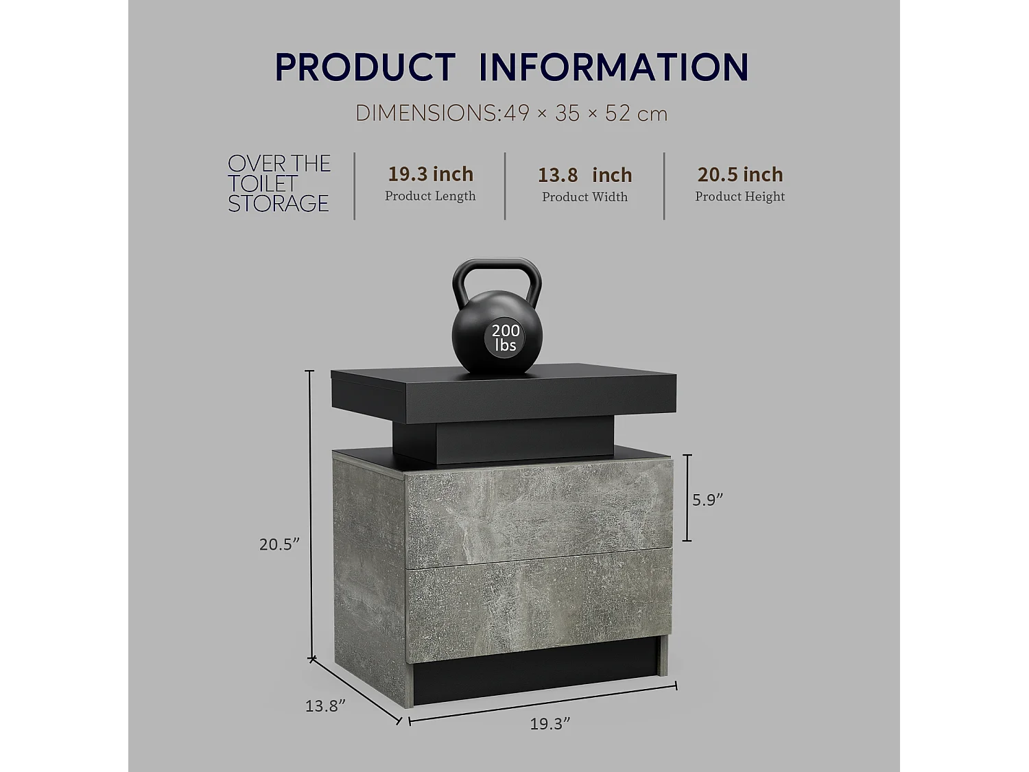 Nachtkastje, LED-nachtkastje, kastverlichting, moderne bijzettafel met 2 lades voor slaapkamer (grijs)