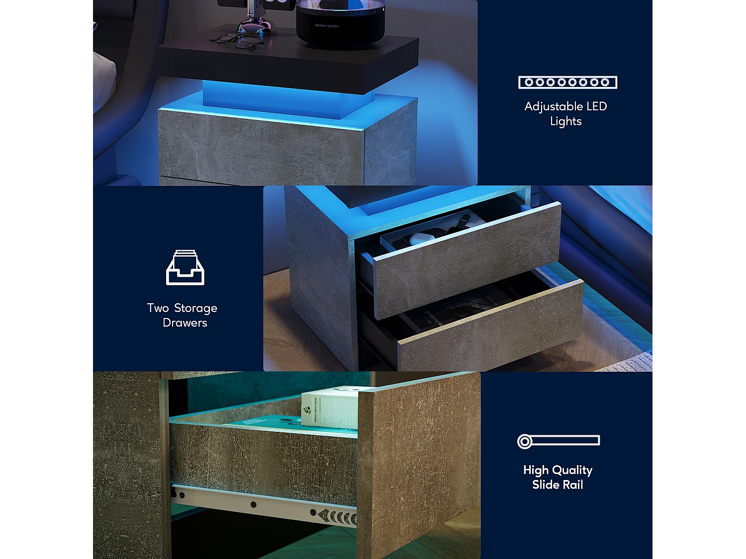 Nachtkastje, LED-nachtkastje, kastverlichting, moderne bijzettafel met 2 lades voor slaapkamer (grijs)