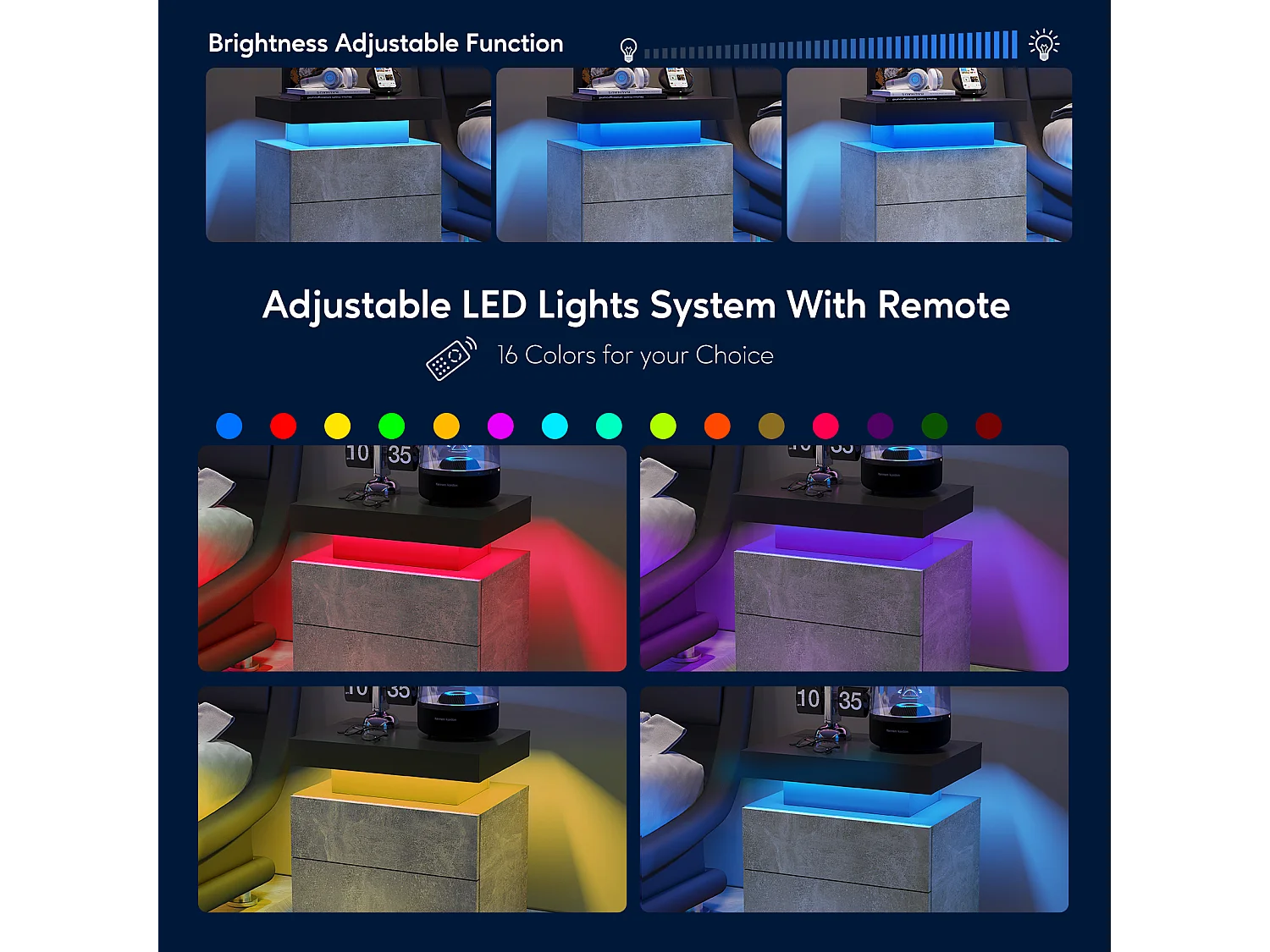 Nachtkastje, LED-nachtkastje, kastverlichting, moderne bijzettafel met 2 lades voor slaapkamer (grijs)