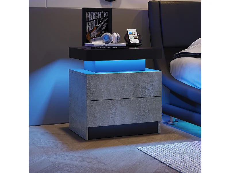 Comodino, comodino a LED, illuminazione per mobile, tavolino moderno con 2 cassetti per camera da letto (grigio)