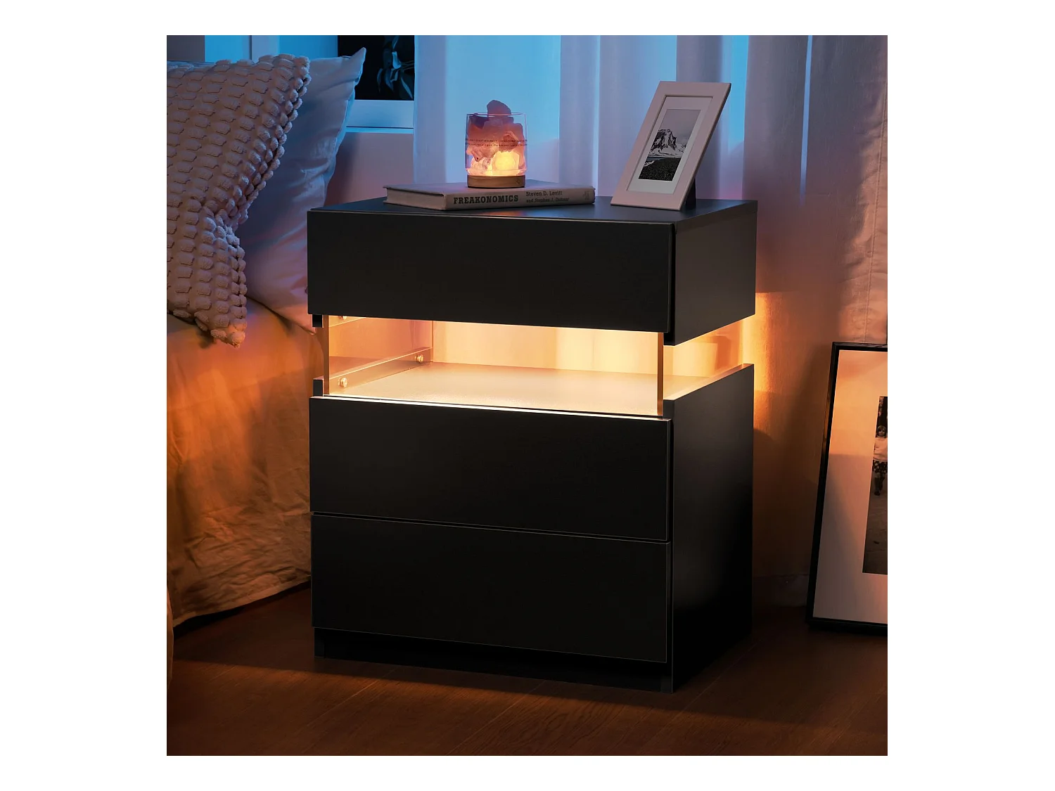 LED-Nachttische, Kommode mit 3 Schubladen für Schlafzimmer, Beistelltisch mit Acrylplatte, LED-Nachttische für Schlafzimmer, Wohnzimmer, Nachttischmöbel (schwarz)