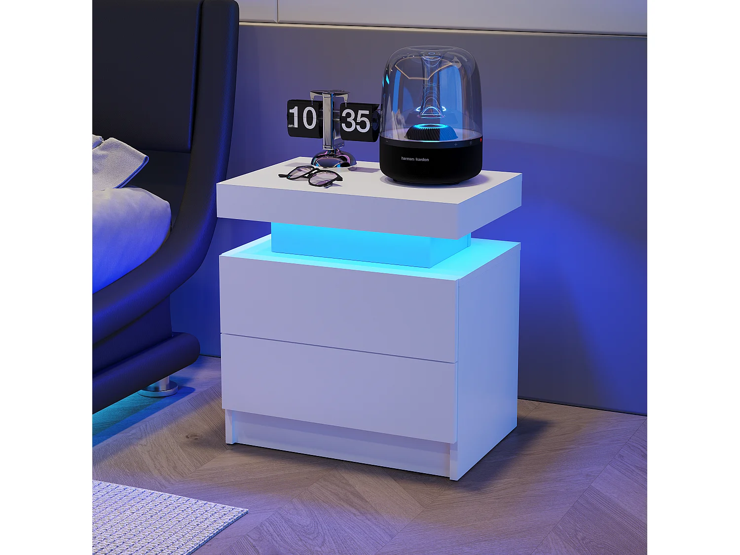 Table de chevet, table de nuit à LED, éclairage d'armoire, table d'appoint moderne avec 2 tiroirs pour chambre à coucher (blanc)