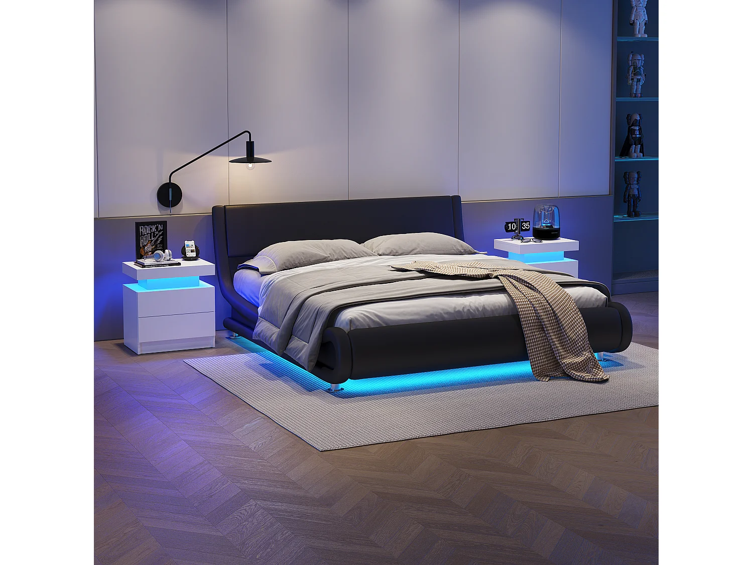 Table de chevet, table de nuit à LED, éclairage d'armoire, table d'appoint moderne avec 2 tiroirs pour chambre à coucher (blanc)