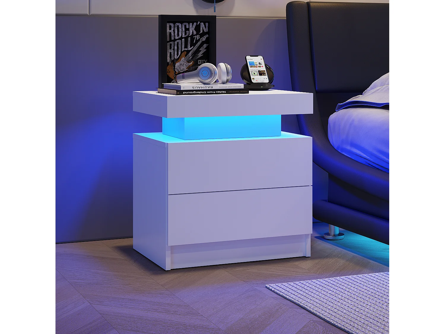 Table de chevet, table de nuit à LED, éclairage d'armoire, table d'appoint moderne avec 2 tiroirs pour chambre à coucher (blanc)