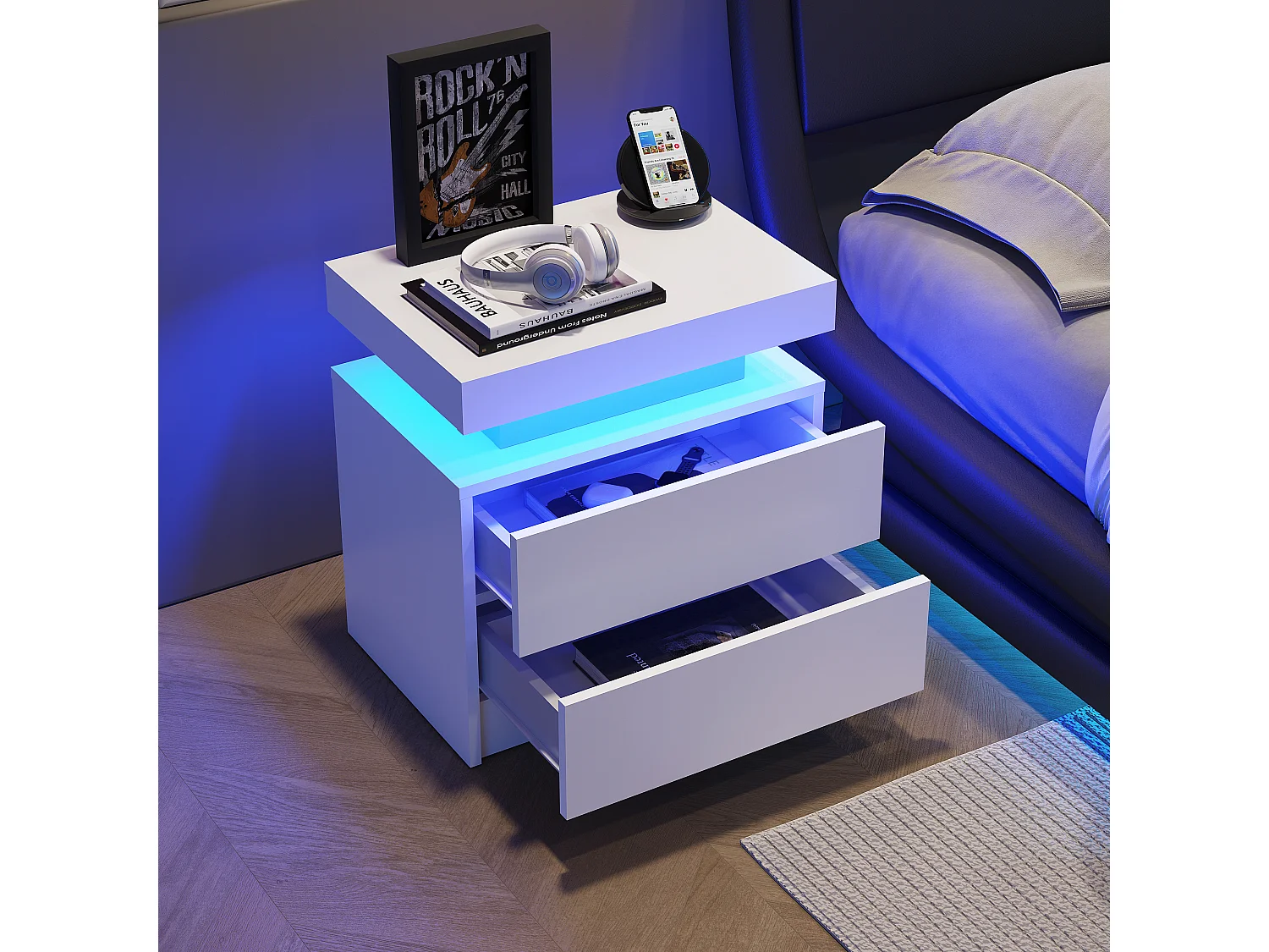 Table de chevet, table de nuit à LED, éclairage d'armoire, table d'appoint moderne avec 2 tiroirs pour chambre à coucher (blanc)