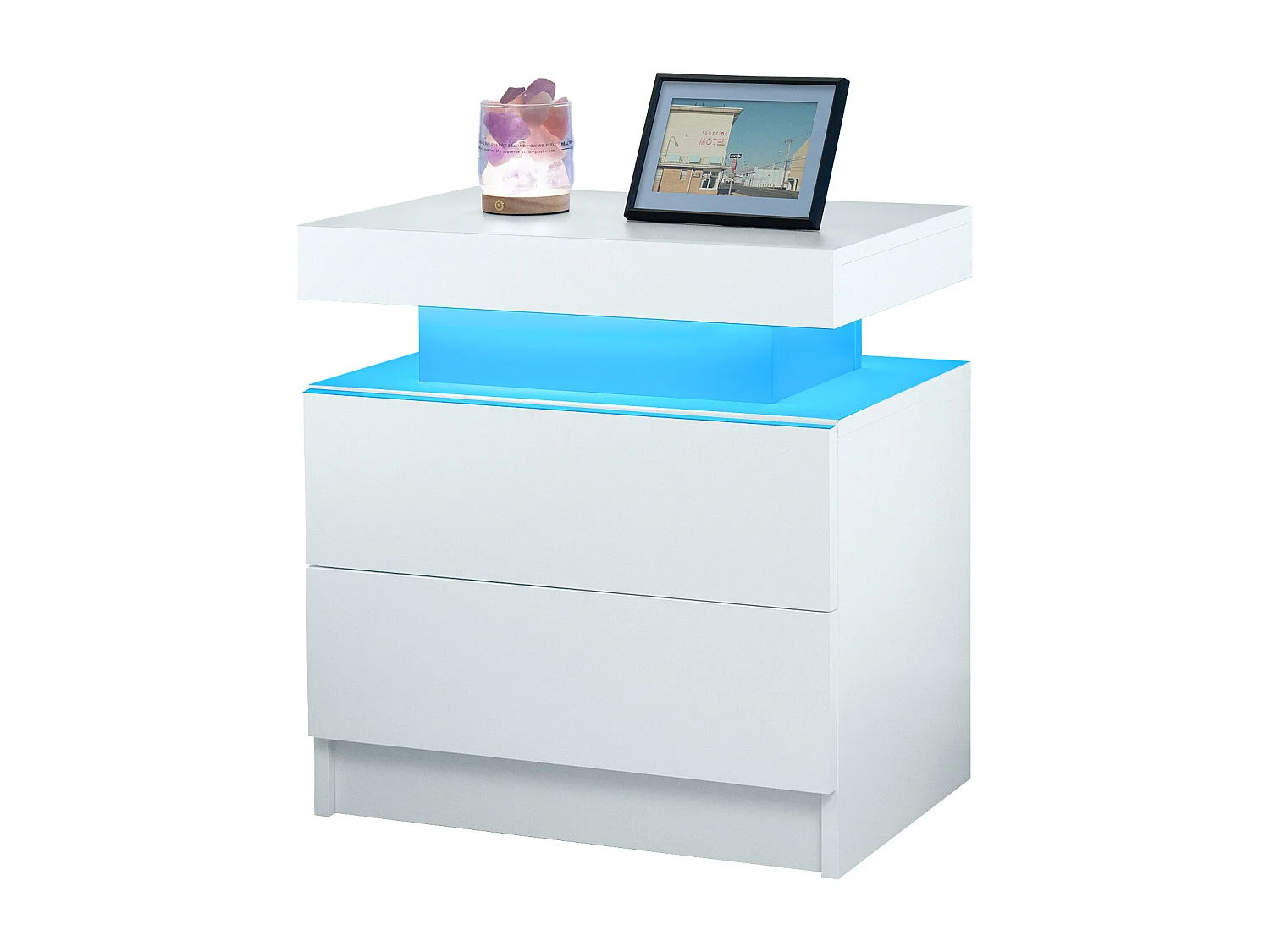 Table de chevet, table de nuit à LED, éclairage d'armoire, table d'appoint moderne avec 2 tiroirs pour chambre à coucher (blanc)