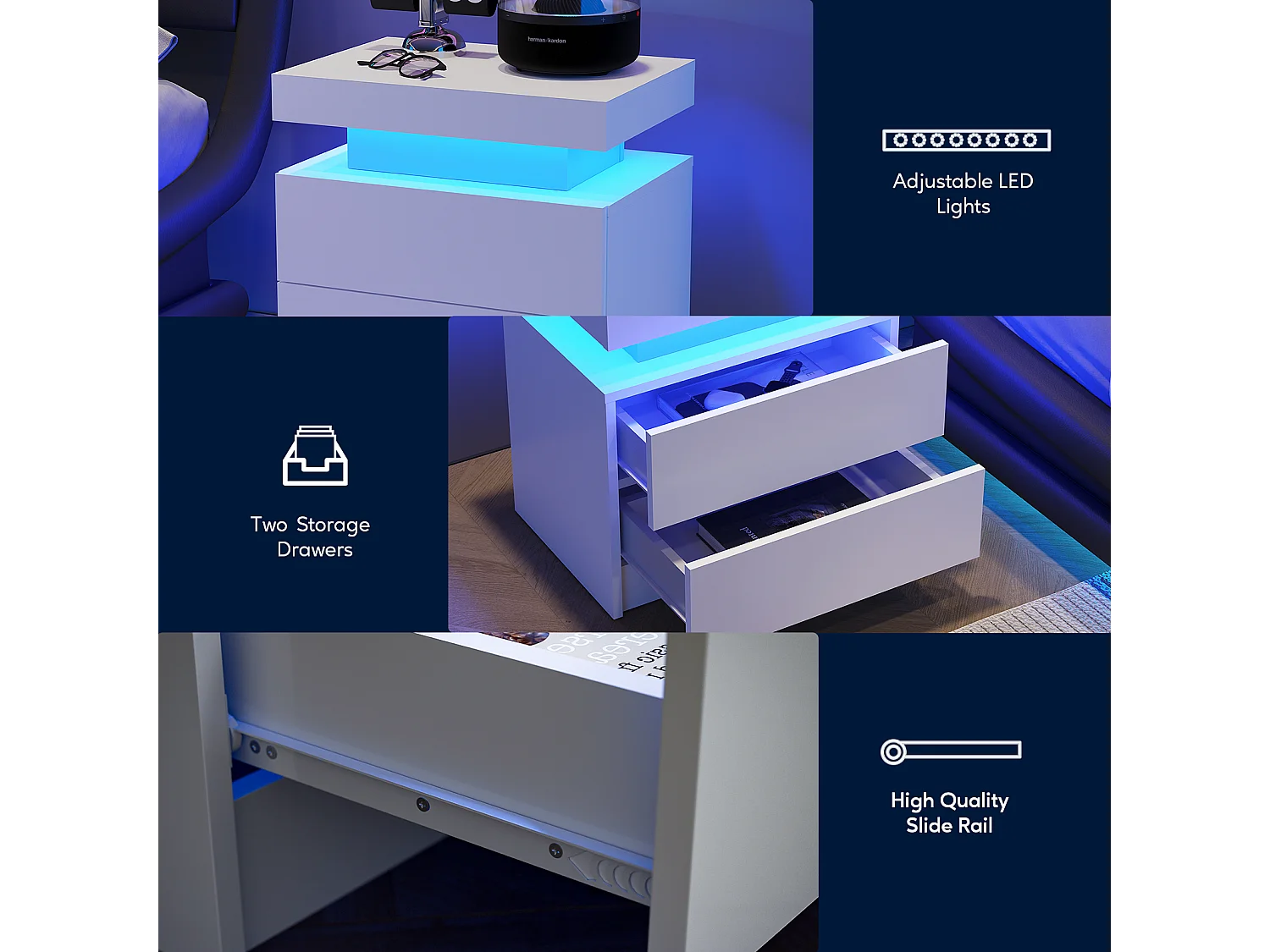 Table de chevet, table de nuit à LED, éclairage d'armoire, table d'appoint moderne avec 2 tiroirs pour chambre à coucher (blanc)