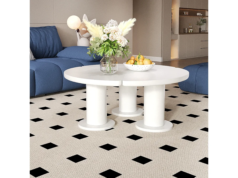 Table basse ronde, diamètre 100 cm, hauteur 40 cm, plateau en MDF laqué et pieds en PVC