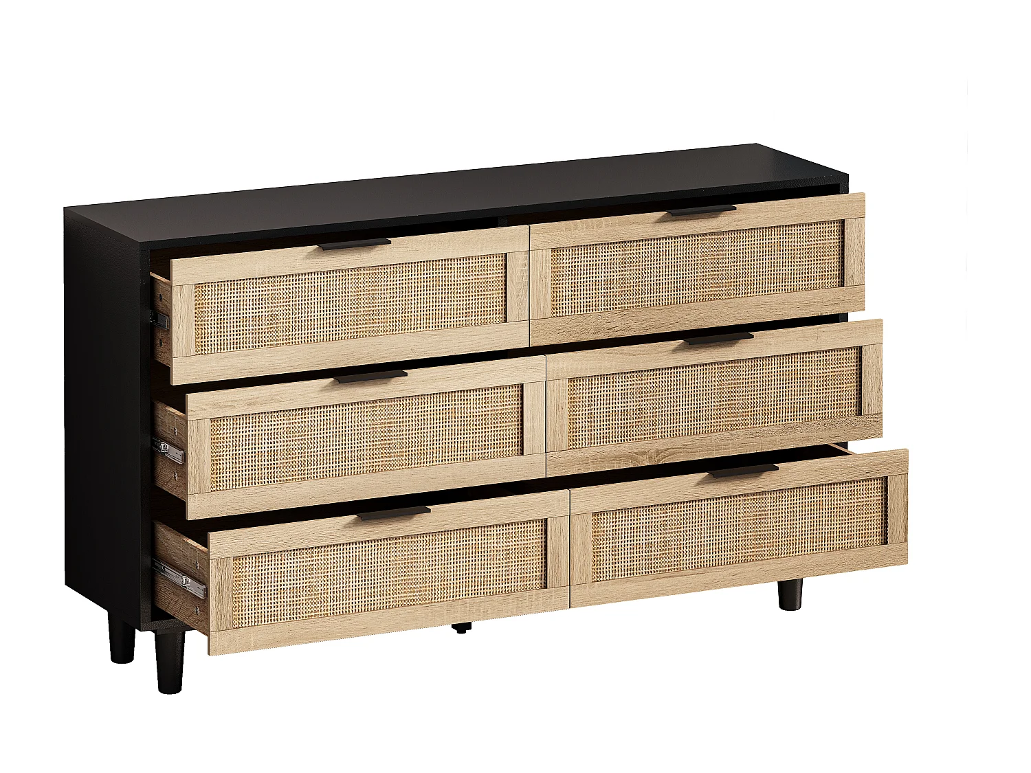 Rotan opbergkast met 6 lades, 130 cm, rotan lade, voor slaapkamer, woonkamer, zwart