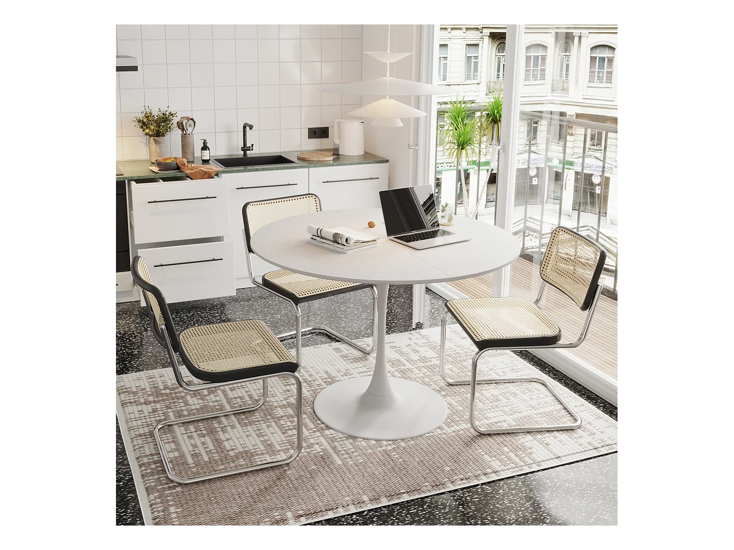 120cm moderner runder Esstisch, vier Patchwork-Tischplatten mit weißer Massivholzmaserung, Esstisch mit Metallsockel, Beistelltisch, Freizeit-Couchtisch
