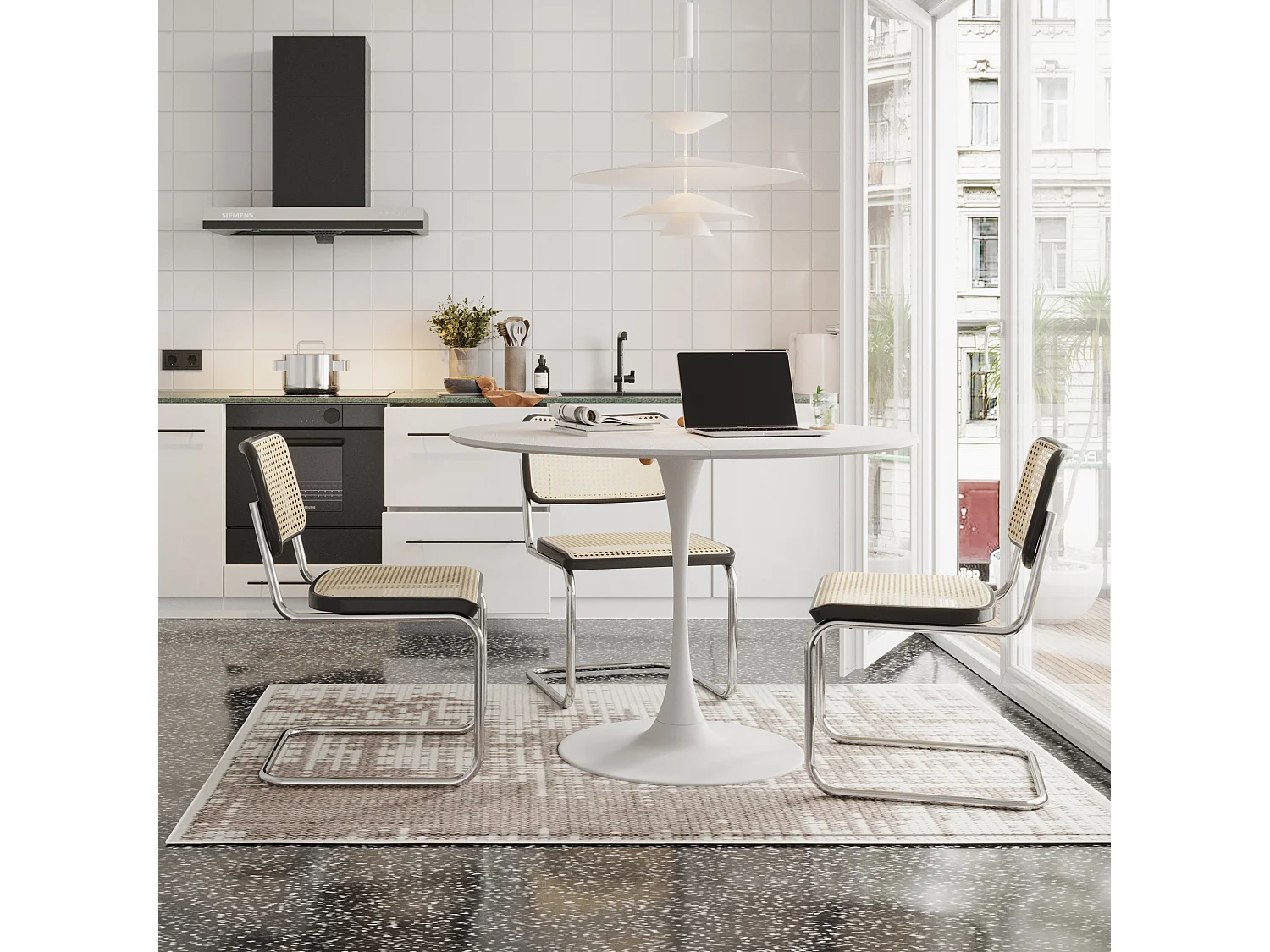 120cm moderner runder Esstisch, vier Patchwork-Tischplatten mit weißer Massivholzmaserung, Esstisch mit Metallsockel, Beistelltisch, Freizeit-Couchtisch