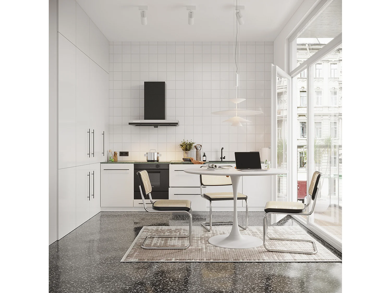 120cm moderner runder Esstisch, vier Patchwork-Tischplatten mit weißer Massivholzmaserung, Esstisch mit Metallsockel, Beistelltisch, Freizeit-Couchtisch