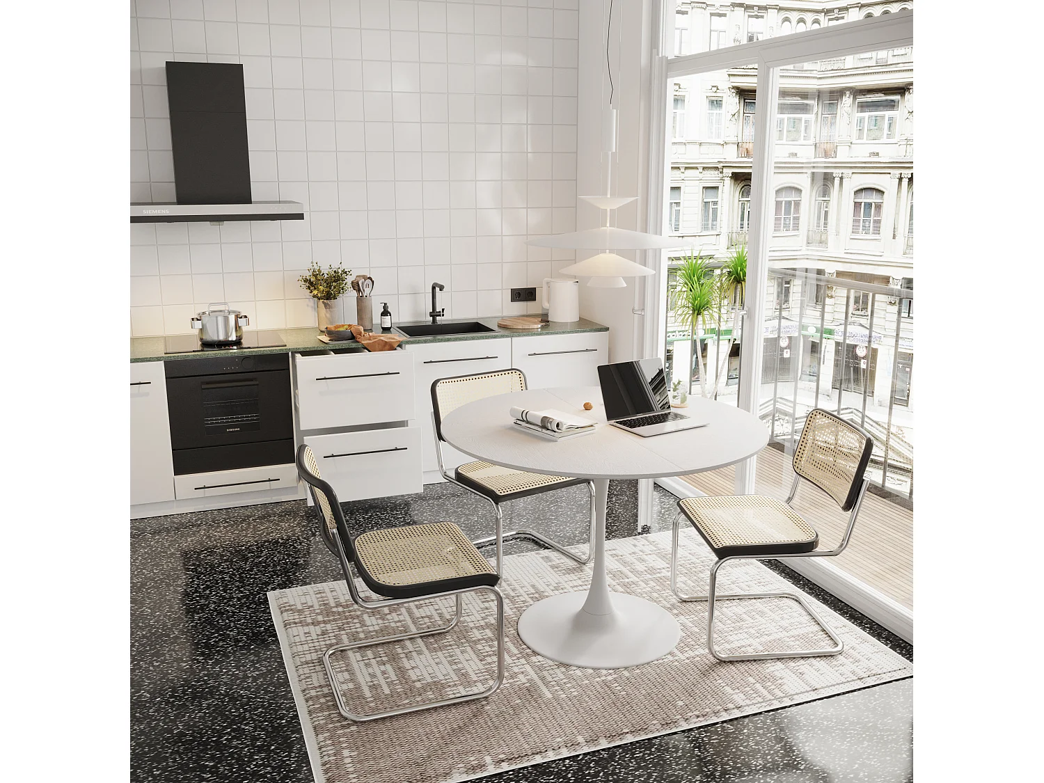 120cm moderner runder Esstisch, vier Patchwork-Tischplatten mit weißer Massivholzmaserung, Esstisch mit Metallsockel, Beistelltisch, Freizeit-Couchtisch