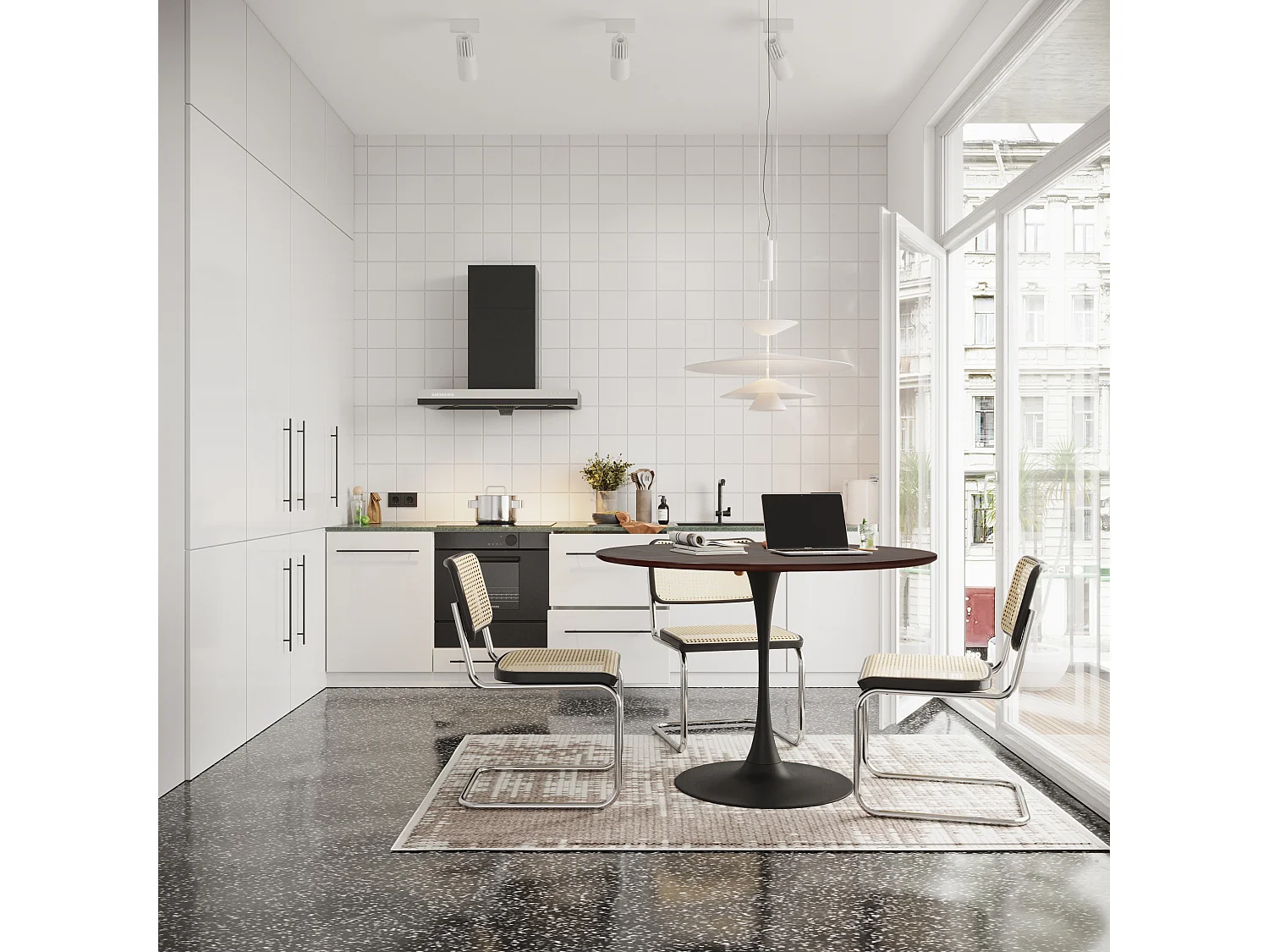 120cm moderner runder Esstisch, vier Patchwork-Tischplatten mit weißer Massivholzmaserung, Esstisch mit Metallsockel, Beistelltisch, Freizeit-Couchtisch