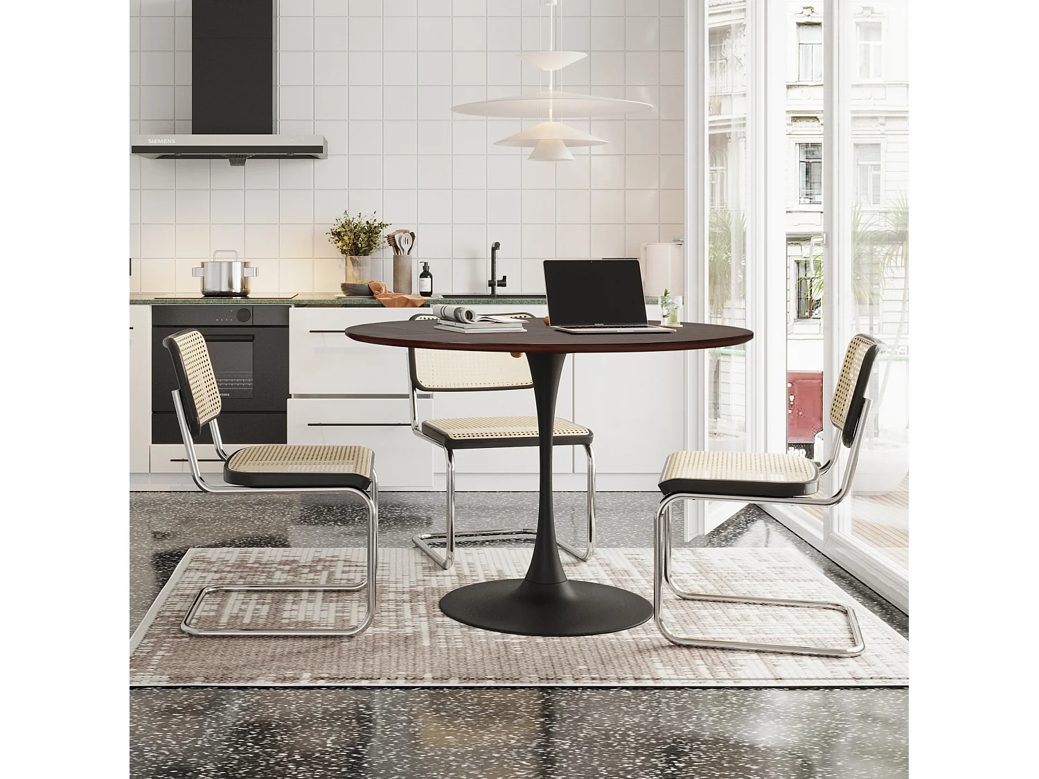 120cm moderne ronde eettafel, vier patchwork tafelbladen met massief houtnerf in eikenkleur, eettafel met metalen onderstel, bijzettafel, vrijetijds salontafel