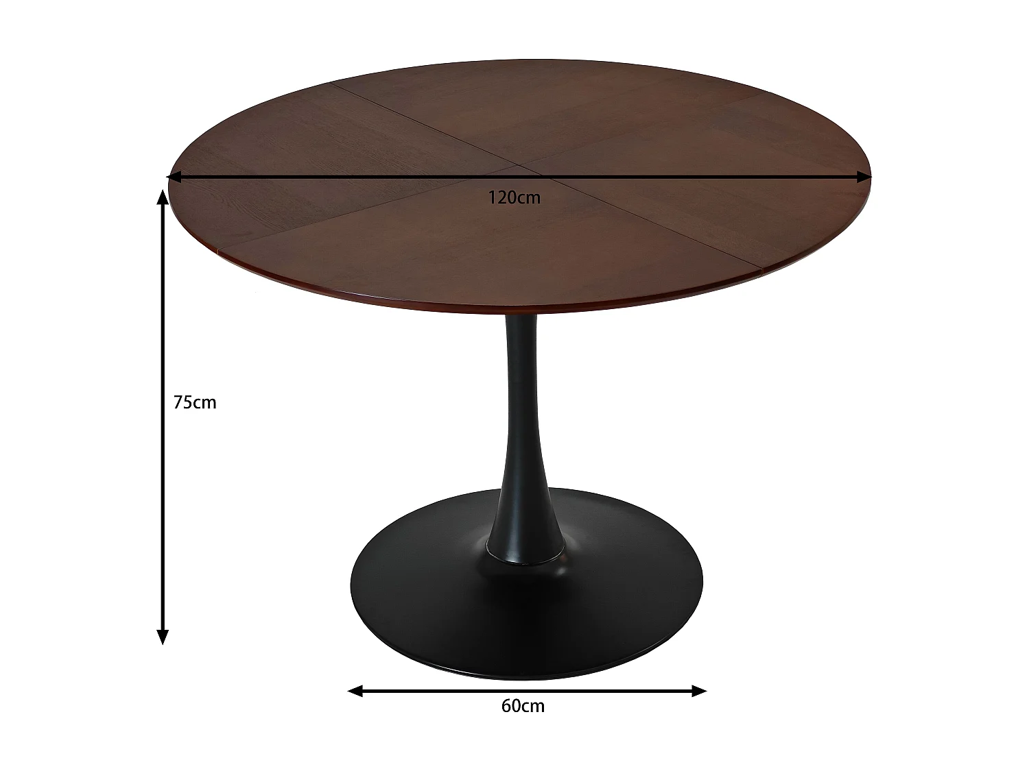 120cm moderne ronde eettafel, vier patchwork tafelbladen met massief houtnerf in eikenkleur, eettafel met metalen onderstel, bijzettafel, vrijetijds salontafel