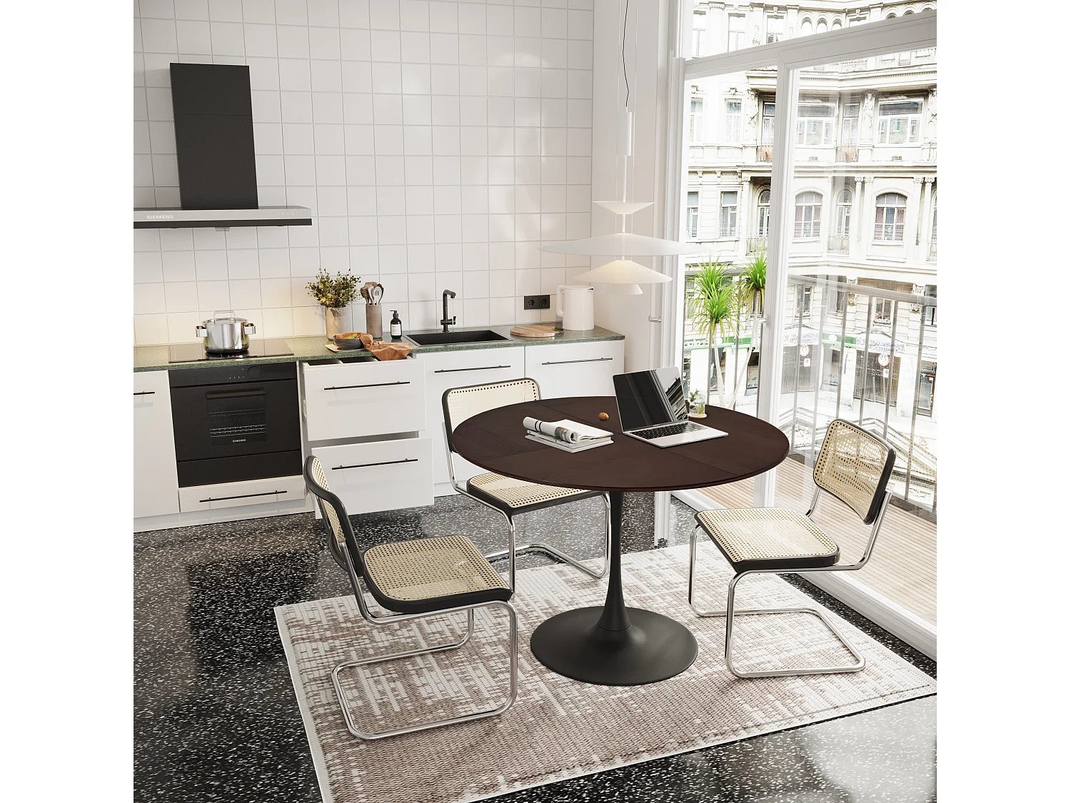 120cm Moderner runder Esstisch, vier Patchwork-Tischplatten mit Massivholzmaserung in Eichenfarbe, Esstisch mit Metallsockel, Beistelltisch, Freizeit-Couchtisch