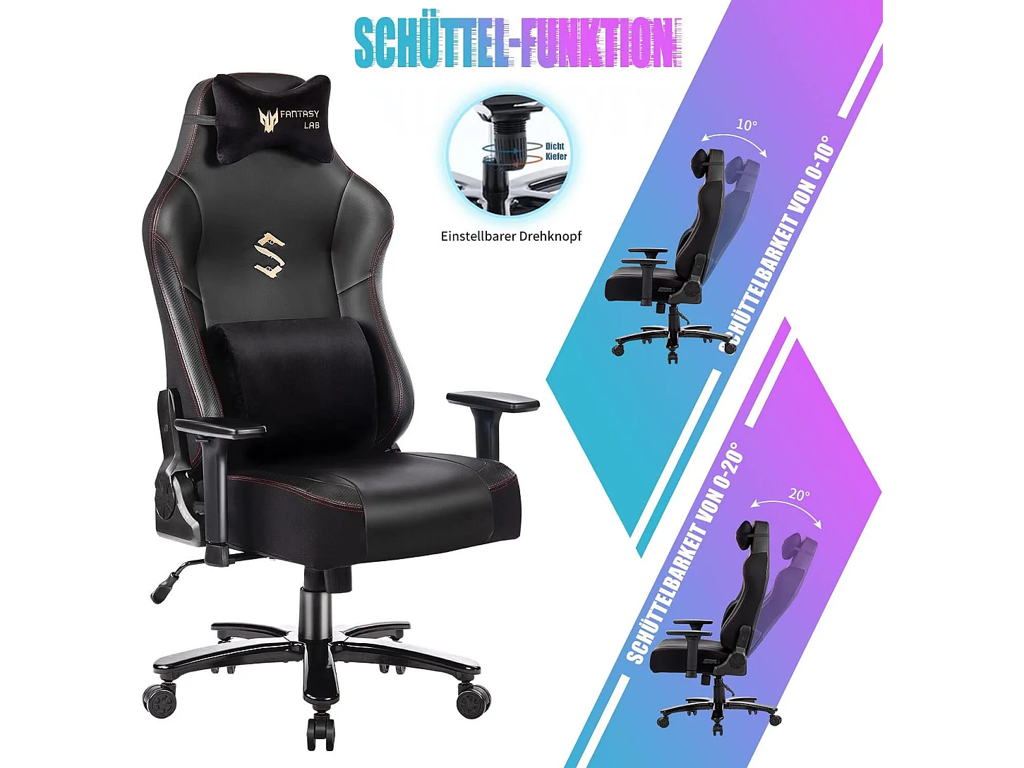 Chaise gaming avec fonction de massage Chaise de jeu de course avec support lombaire massant Fauteuil de jeu Capacité de 180 kg Grand coussin, Accoudoir réglable 3D