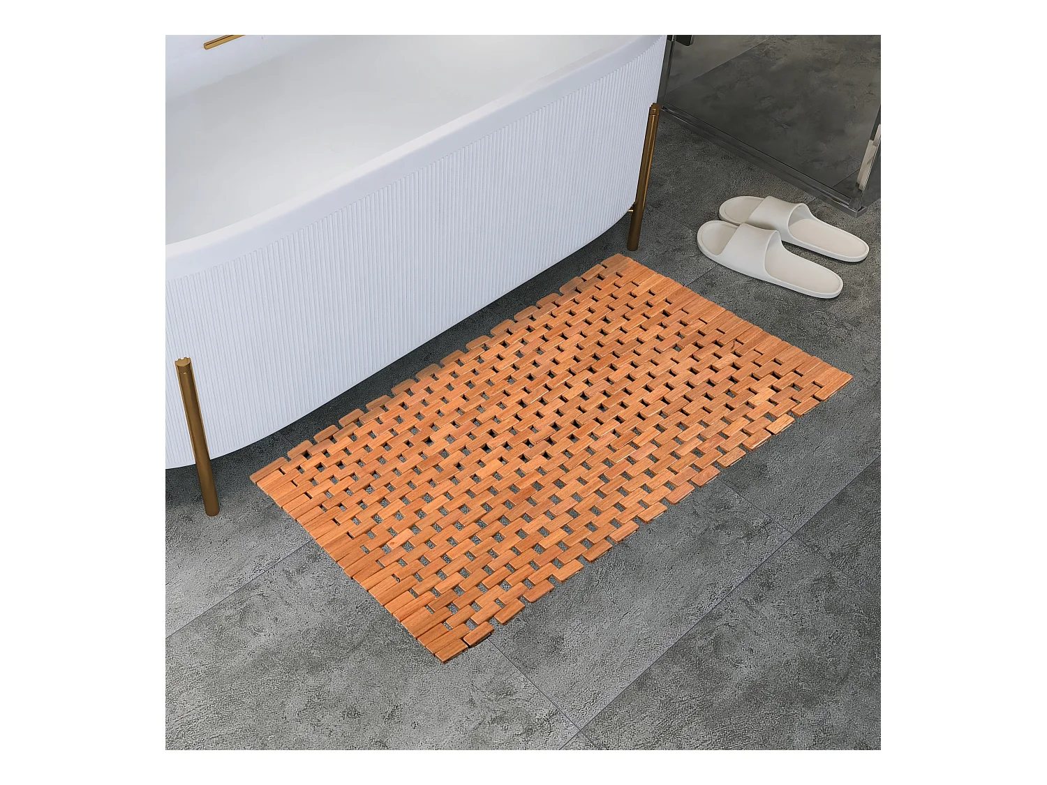 Teakhouten badmat, houten douchemat, badmat, antislip rubberen voetjes, oprolbaar, 70x50cm
