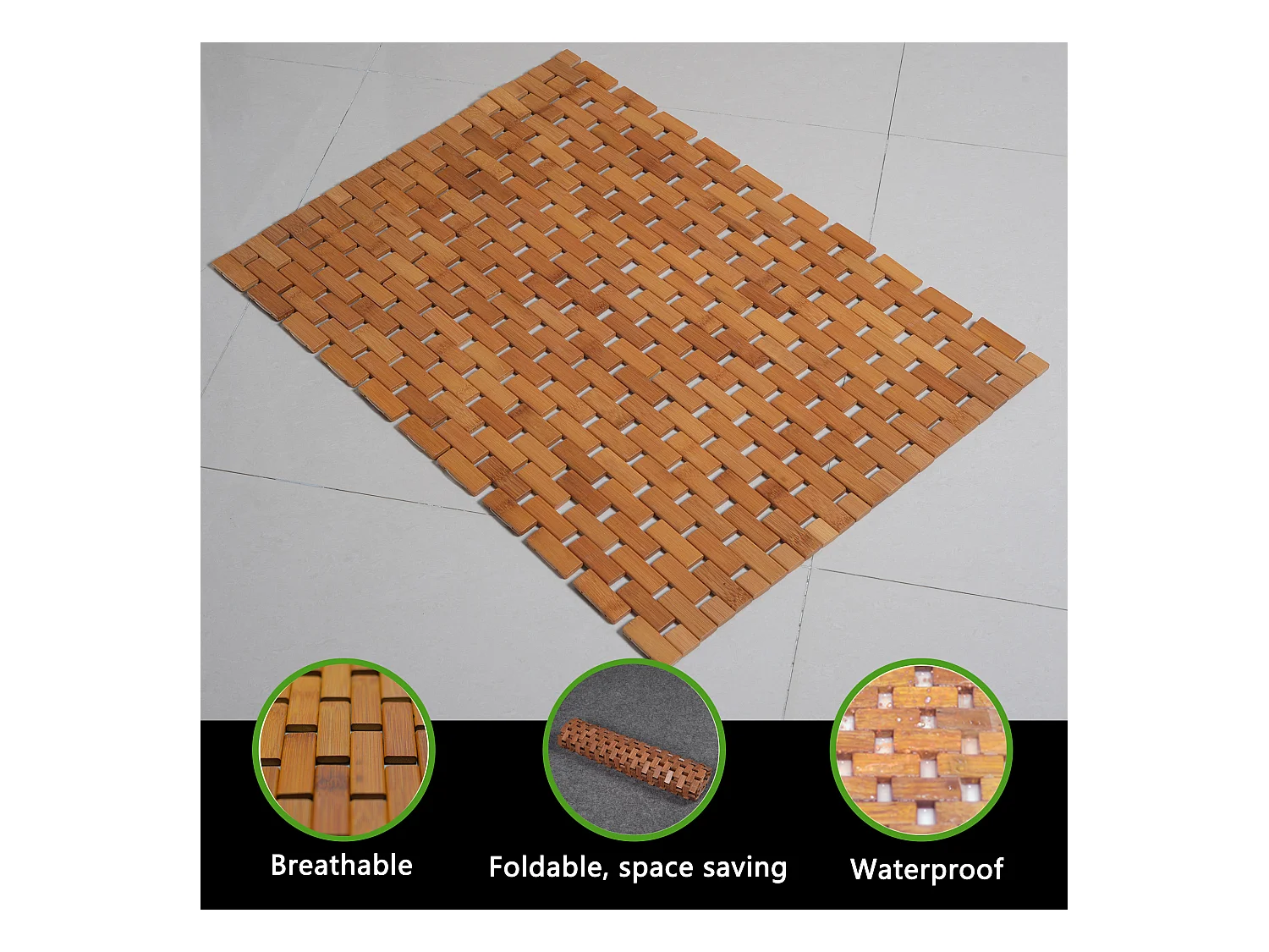 Teakhouten badmat, houten douchemat, badmat, antislip rubberen voetjes, oprolbaar, 70x50cm