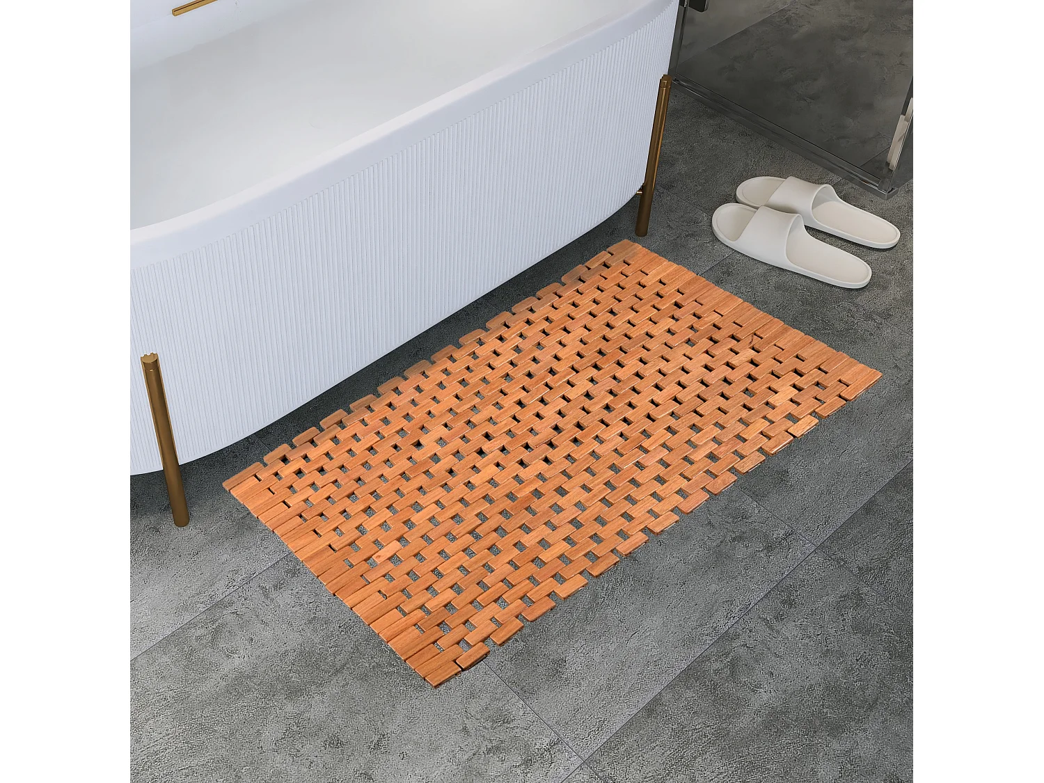 Tapis de bain en teck, tapis de douche en bois, tapis de baignoire, pieds en caoutchouc antidérapants, enroulable, 70x50cm