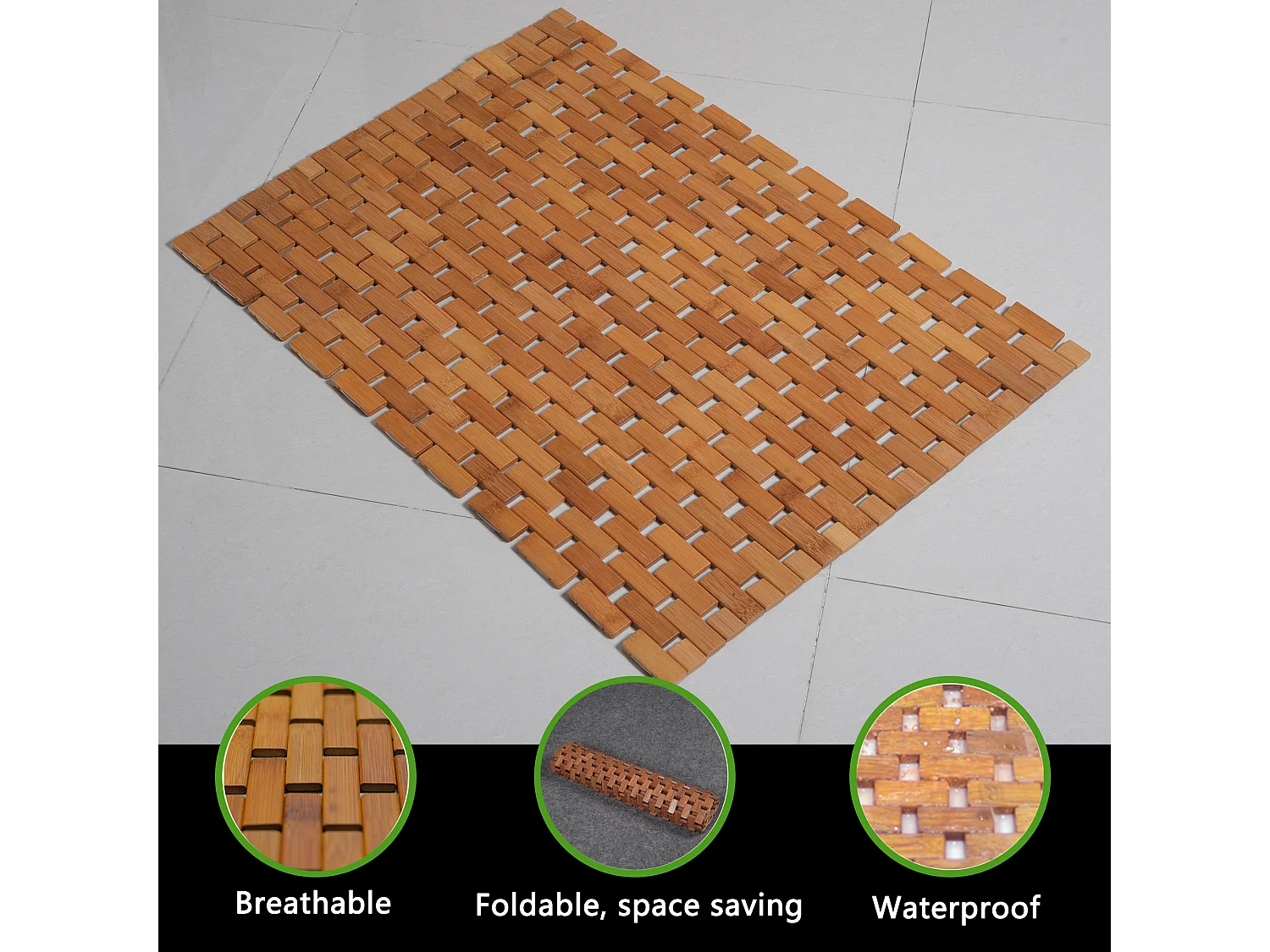 Tapis de bain en teck, tapis de douche en bois, tapis de baignoire, pieds en caoutchouc antidérapants, enroulable, 70x50cm