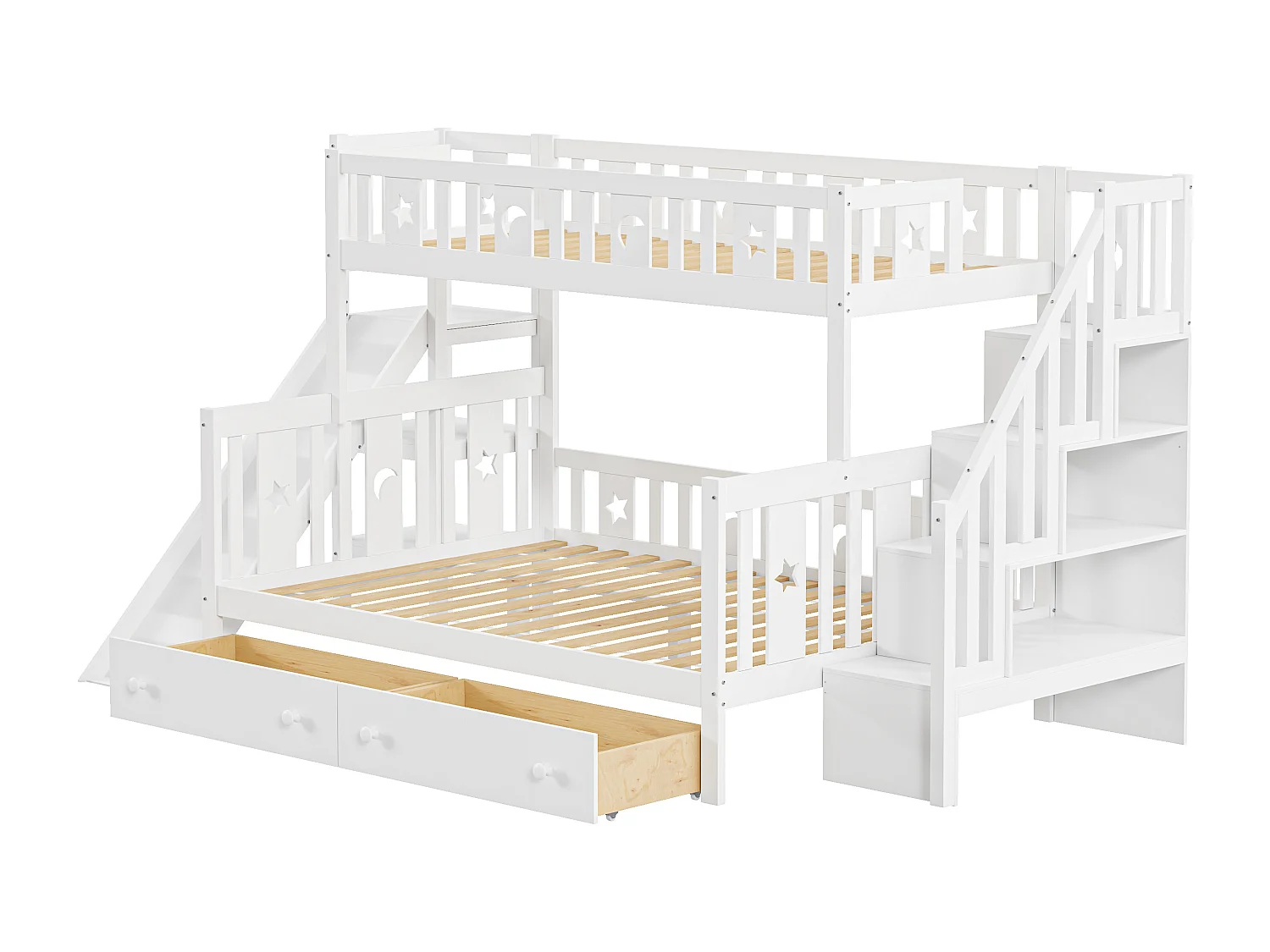 Cama infantil 90*200/140*200 cm, beliche em madeira maciça com escorrega e prateleira com degraus de segurança, duas gavetas grandes e estrutura de ripas, branco