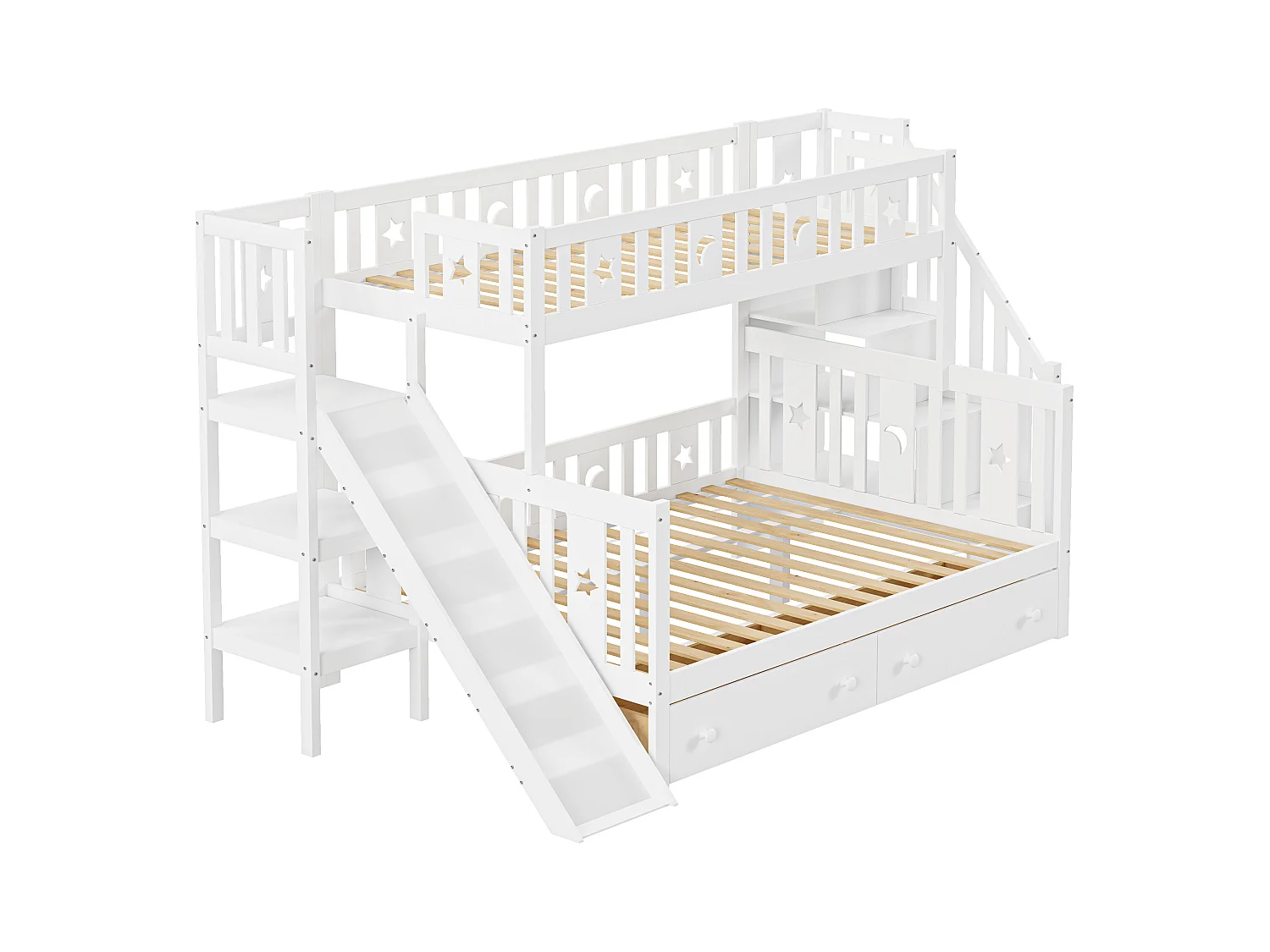 Cama infantil 90*200/140*200 cm, beliche em madeira maciça com escorrega e prateleira com degraus de segurança, duas gavetas grandes e estrutura de ripas, branco