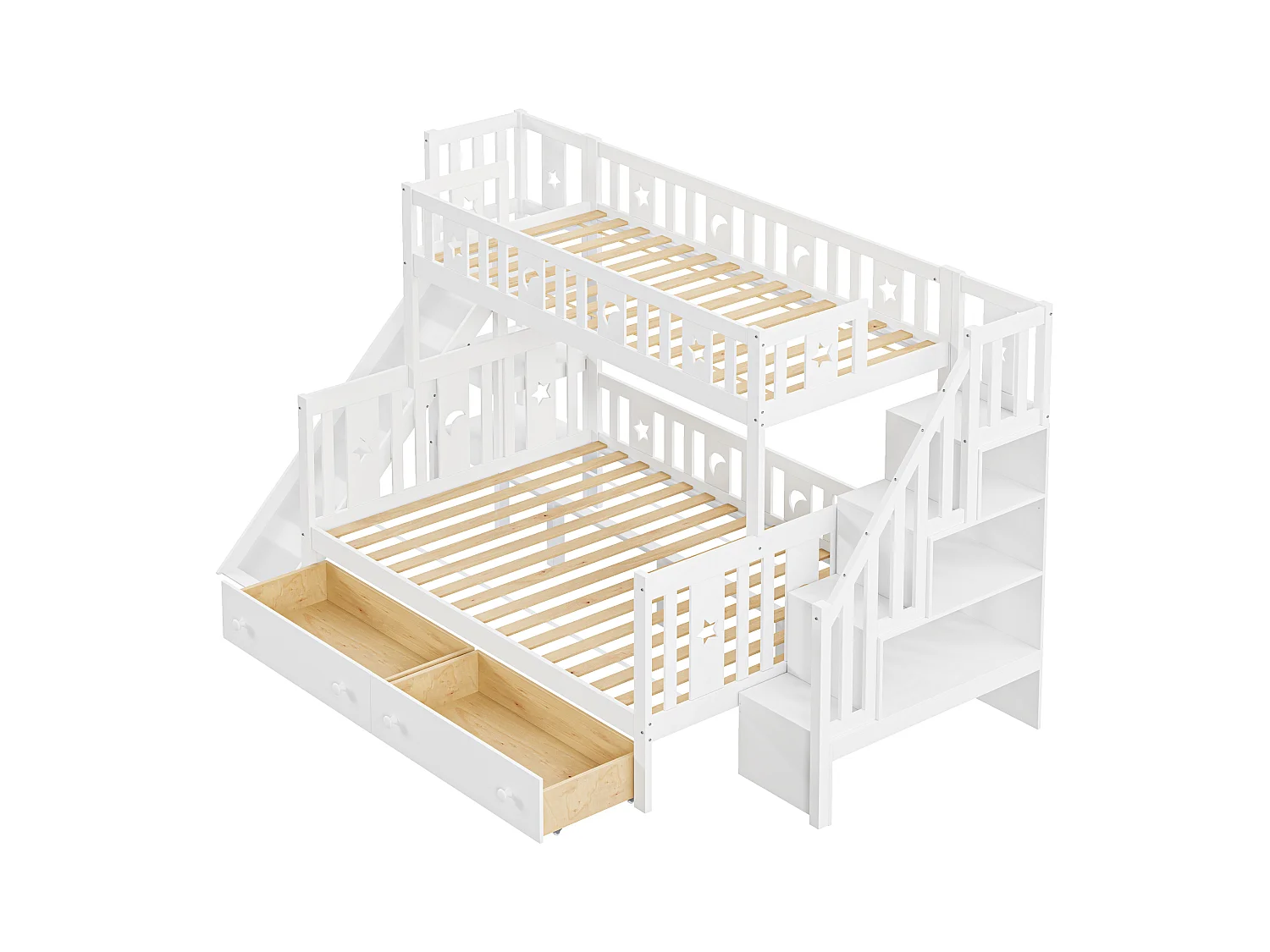 Cama infantil 90*200/140*200 cm, beliche em madeira maciça com escorrega e prateleira com degraus de segurança, duas gavetas grandes e estrutura de ripas, branco