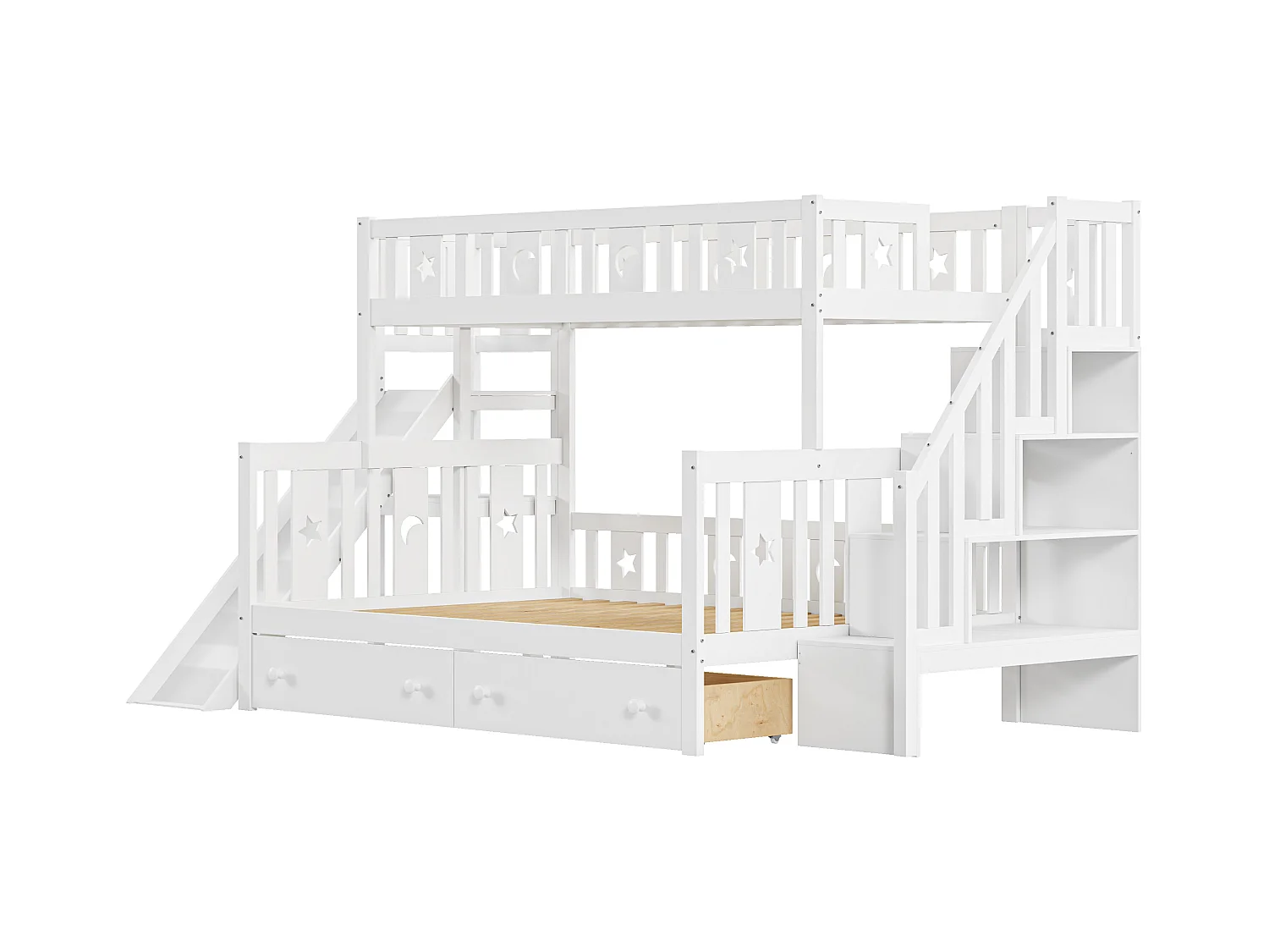 Cama infantil 90*200/140*200 cm, beliche em madeira maciça com escorrega e prateleira com degraus de segurança, duas gavetas grandes e estrutura de ripas, branco