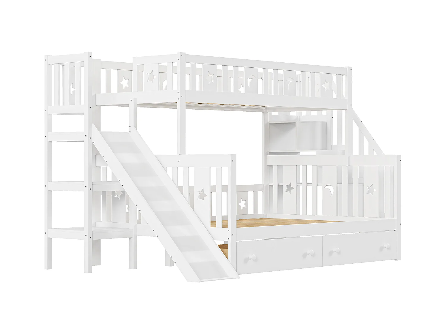 Cama infantil 90*200/140*200 cm, beliche em madeira maciça com escorrega e prateleira com degraus de segurança, duas gavetas grandes e estrutura de ripas, branco