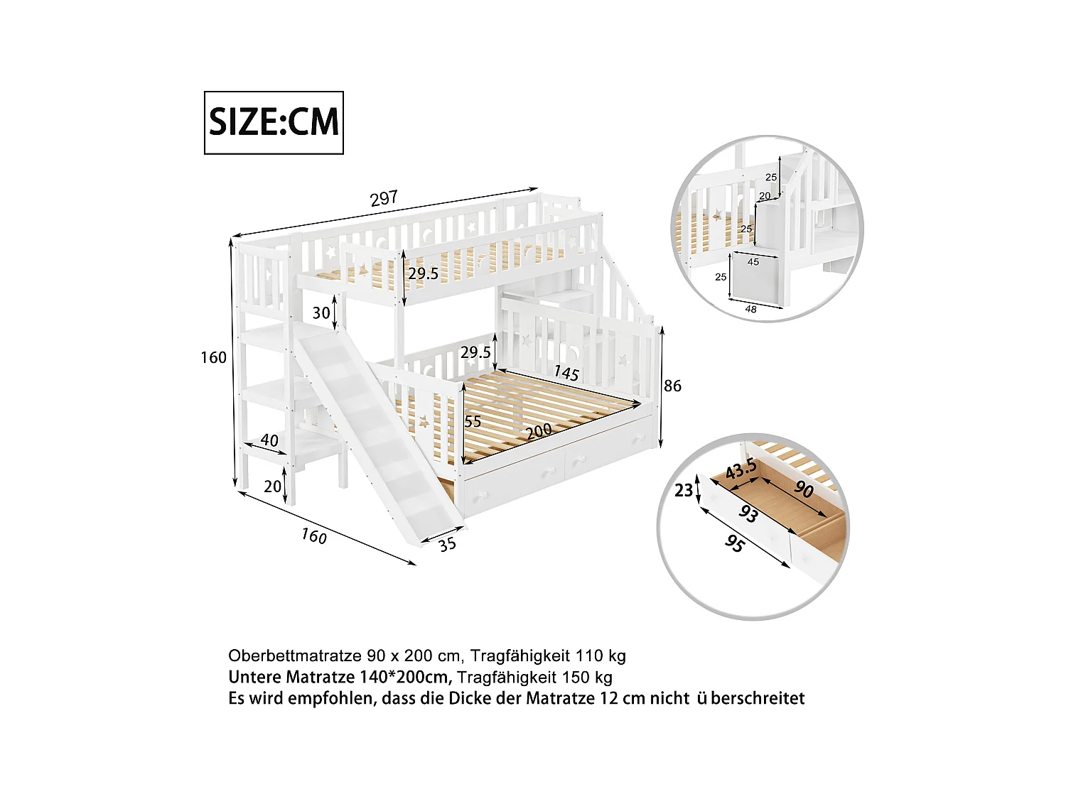 Cama infantil 90*200/140*200 cm, beliche em madeira maciça com escorrega e prateleira com degraus de segurança, duas gavetas grandes e estrutura de ripas, branco