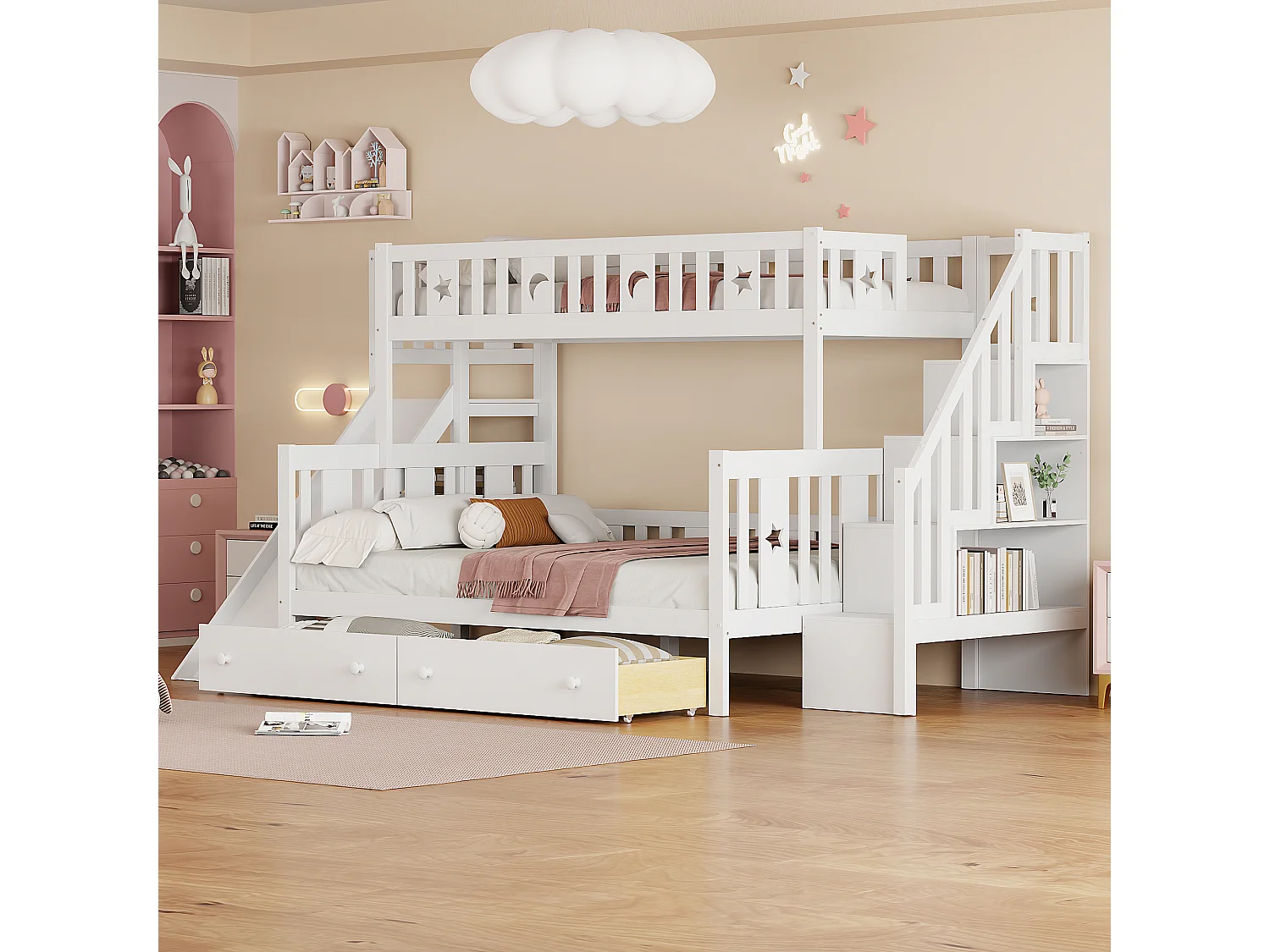 Cama infantil 90*200/140*200 cm, beliche em madeira maciça com escorrega e prateleira com degraus de segurança, duas gavetas grandes e estrutura de ripas, branco
