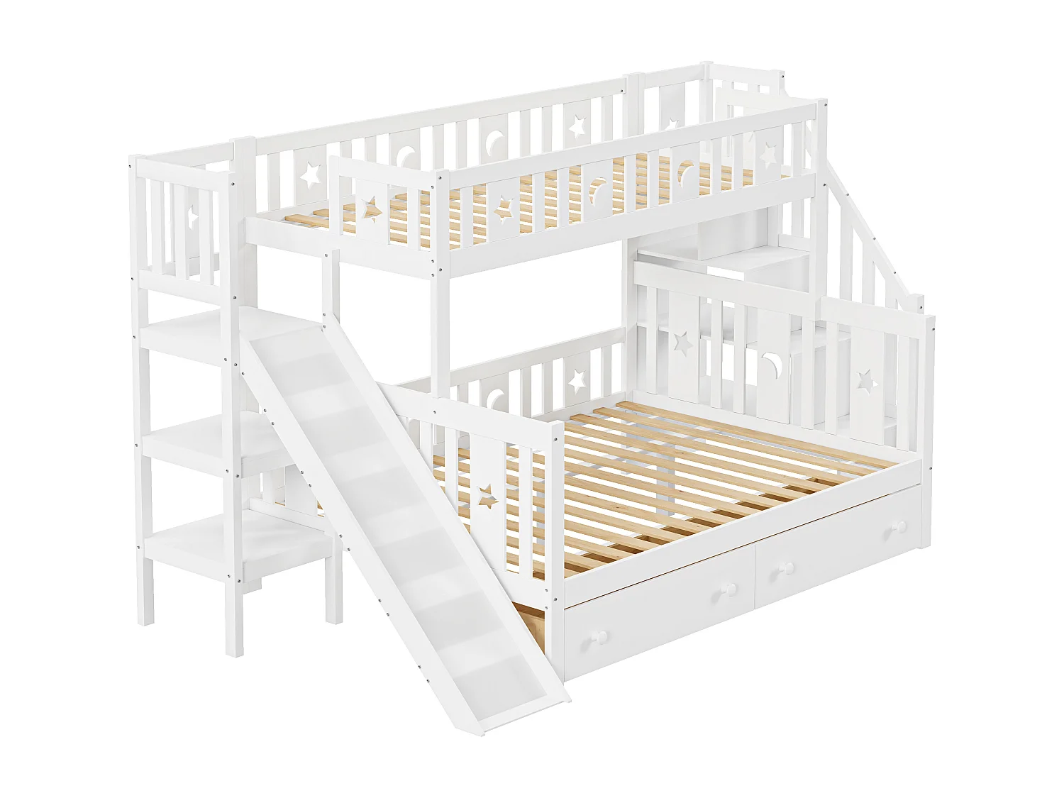 Cama infantil 90*200/140*200 cm, beliche em madeira maciça com escorrega e prateleira com degraus de segurança, duas gavetas grandes e estrutura de ripas, branco